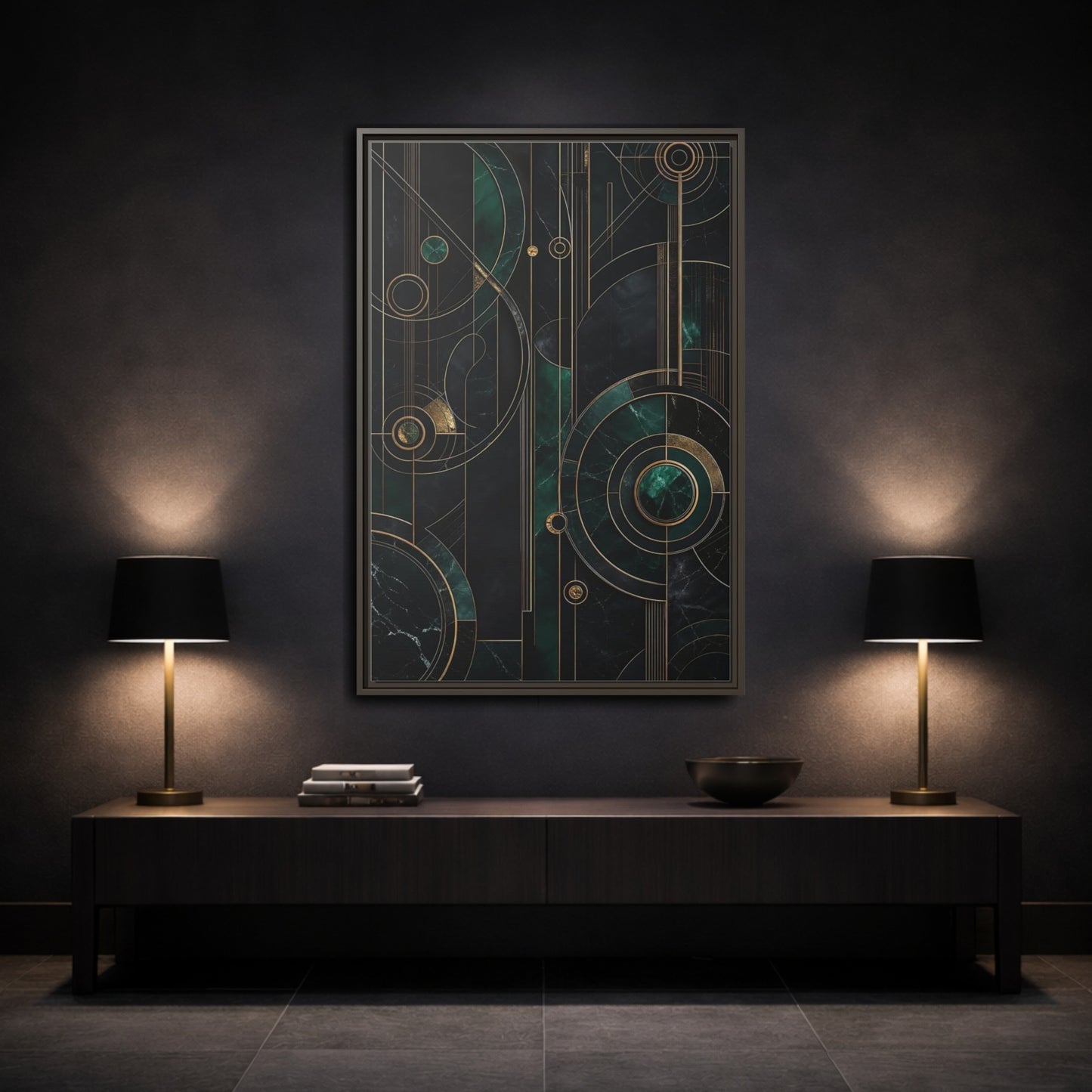 Mockup 3. Abstract Geometric Shapes Emerald Gold Geometric shown as stretched canvas wall art