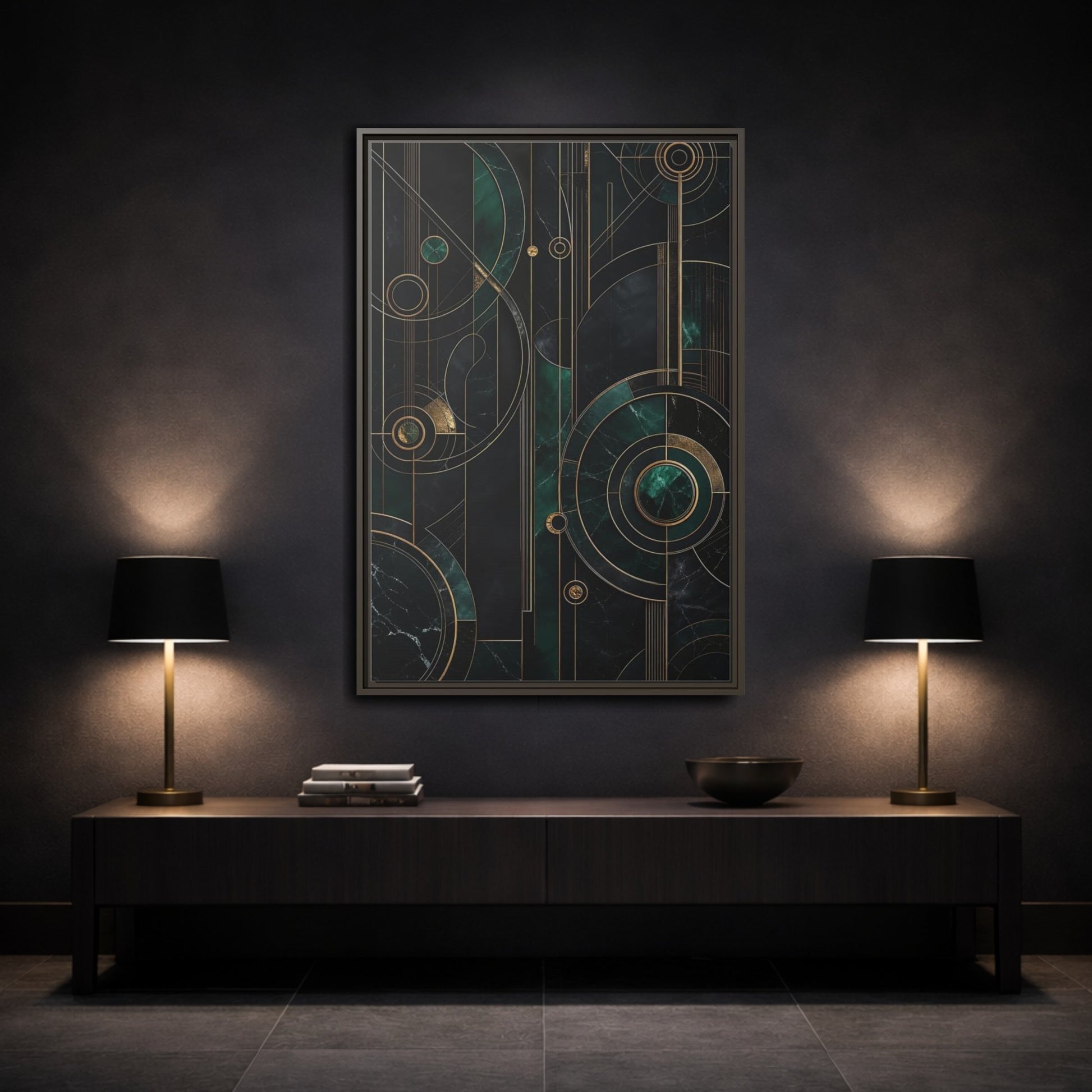Mockup 3. Abstract Geometric Shapes Emerald Gold Geometric shown as stretched canvas wall art
