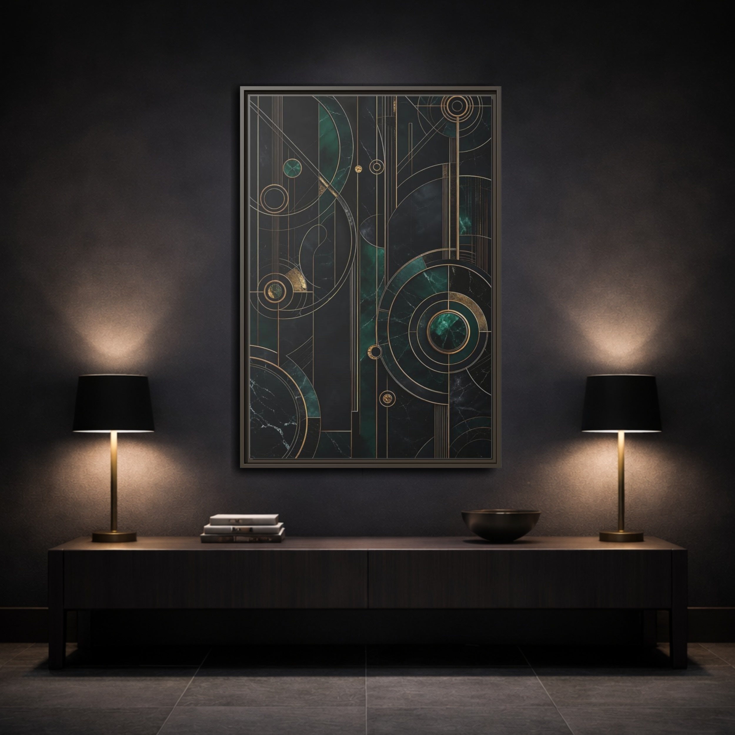 Mockup 3. Abstract Geometric Shapes Emerald Gold Geometric shown as stretched canvas wall art