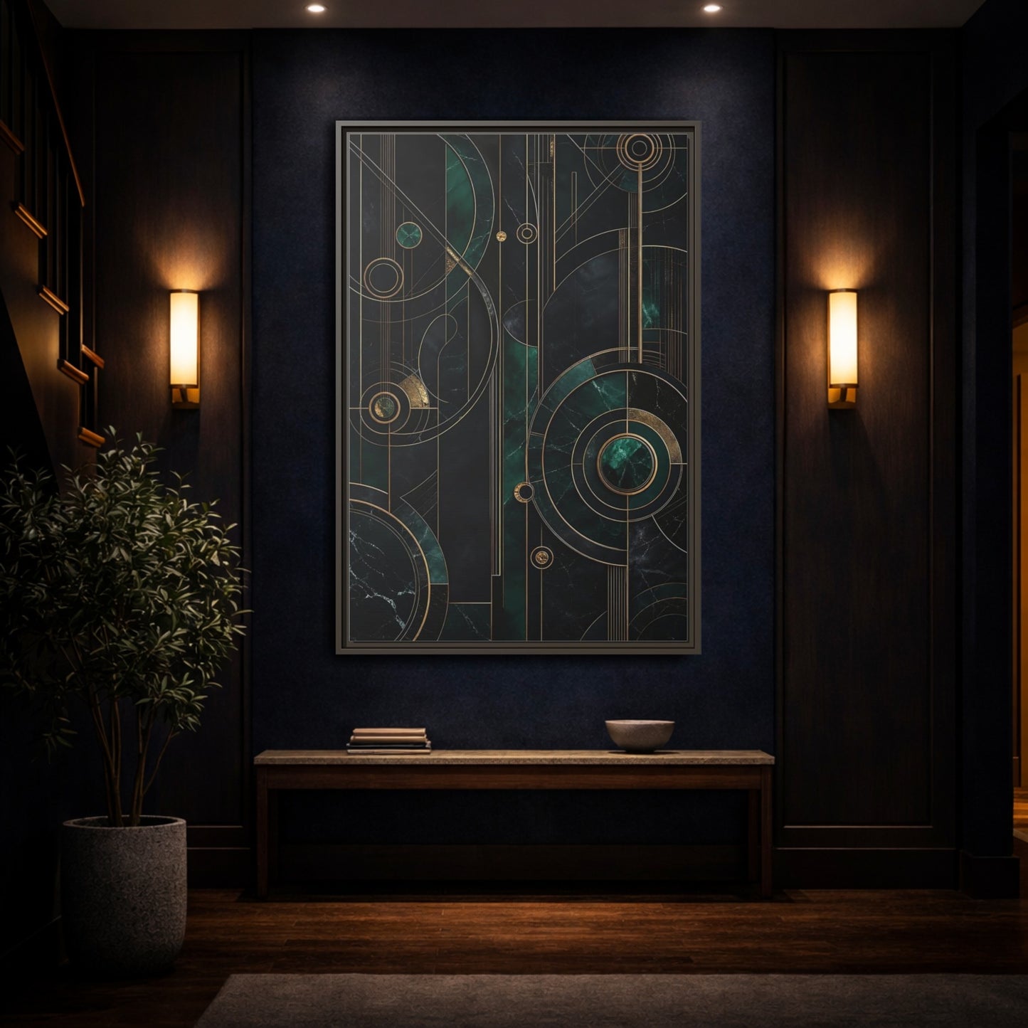 Mockup 4. Abstract Geometric Shapes Emerald Gold Geometric shown as stretched canvas wall art