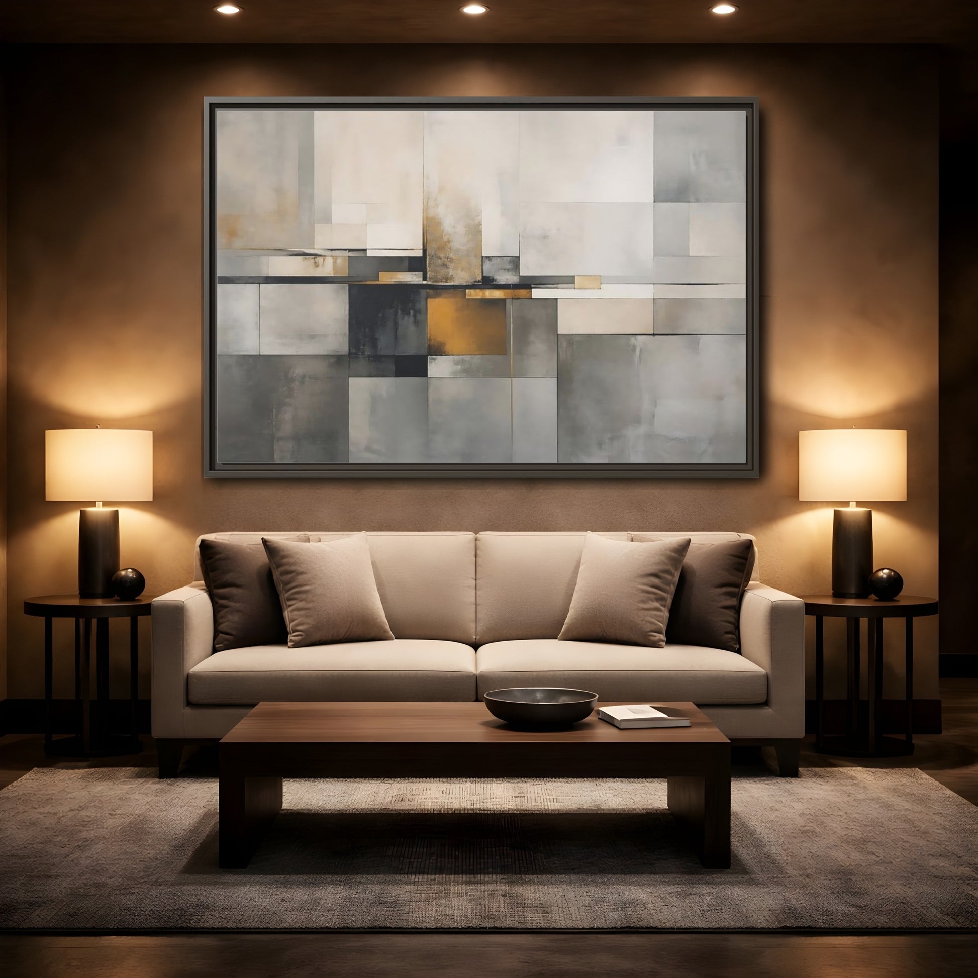 Mockup 2. Abstract Geometric Shapes Gray Gold Abstract shown as stretched canvas wall art