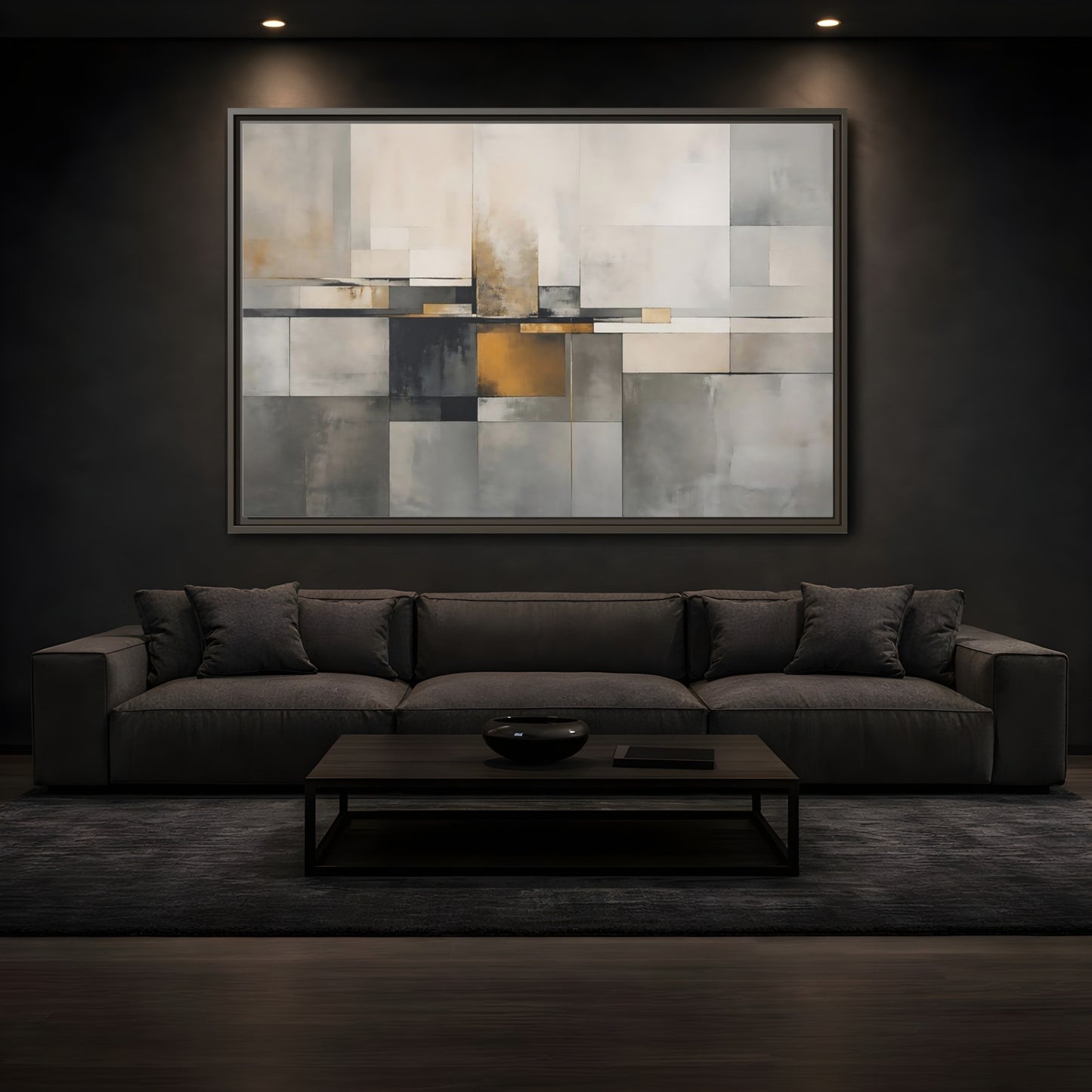 Mockup 3. Abstract Geometric Shapes Gray Gold Abstract shown as stretched canvas wall art
