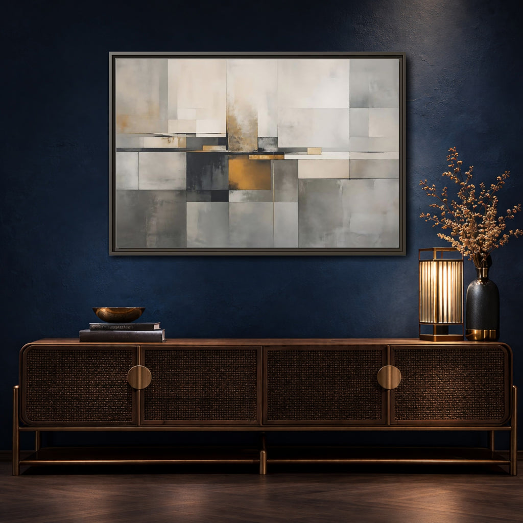 Mockup 4. Abstract Geometric Shapes Gray Gold Abstract shown as stretched canvas wall art