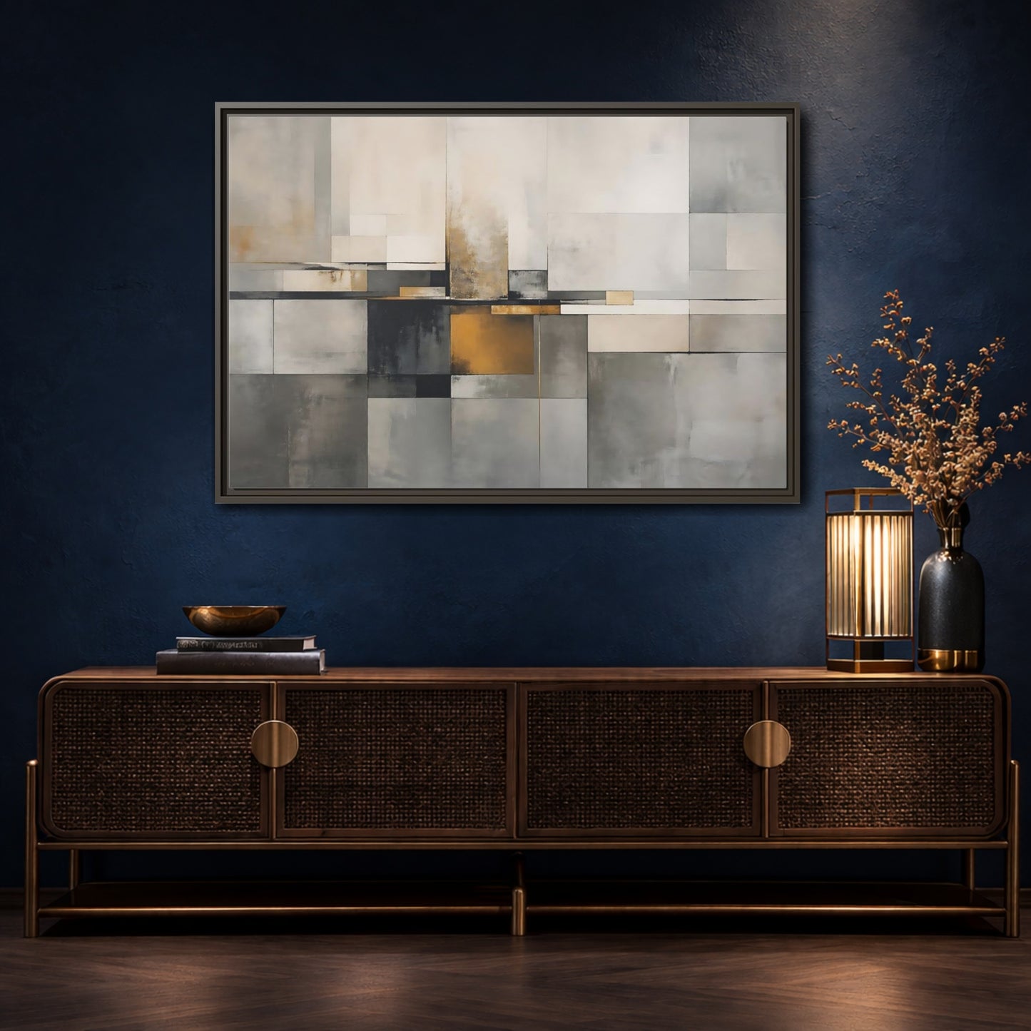 Mockup 4. Abstract Geometric Shapes Gray Gold Abstract shown as stretched canvas wall art