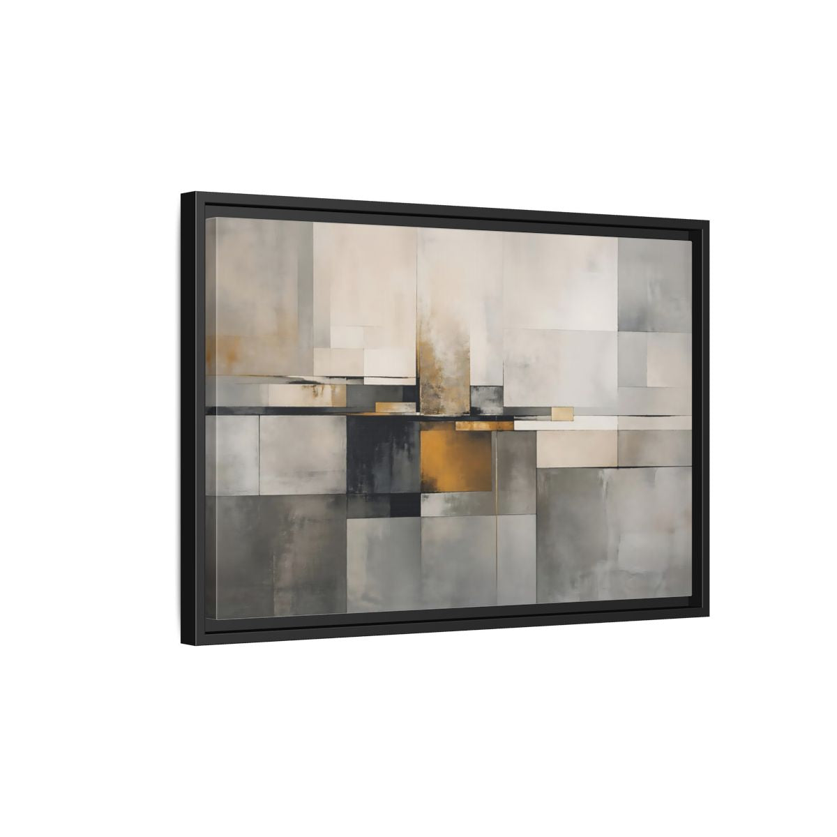 Side Mockup 3. Abstract Geometric Shapes Gray Gold Abstract shown as stretched canvas wall art