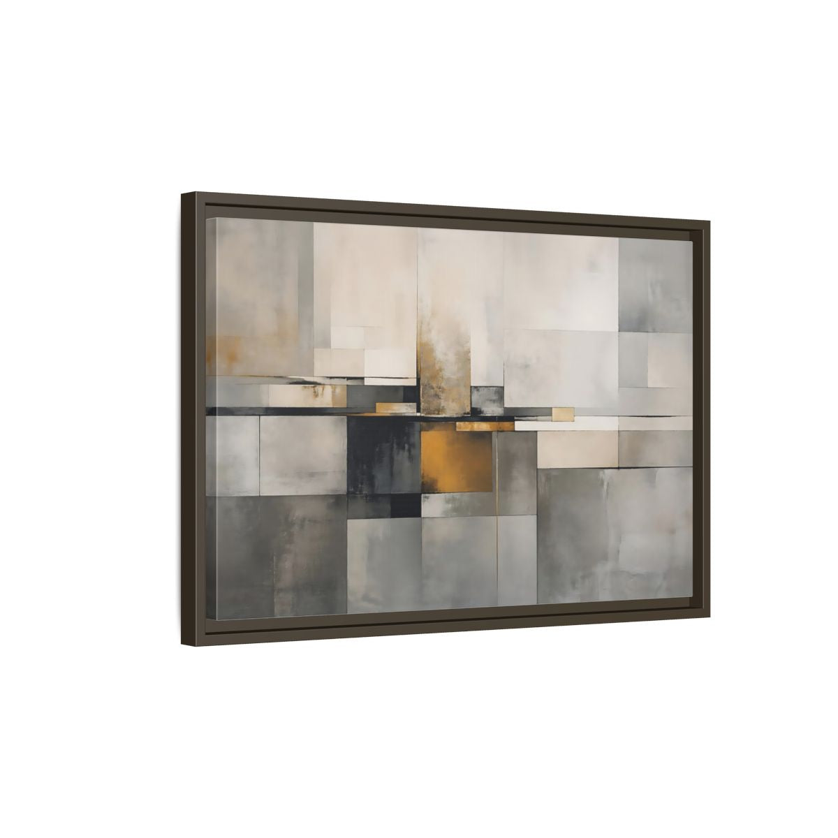 Side Mockup 2. Abstract Geometric Shapes Gray Gold Abstract shown as stretched canvas wall art