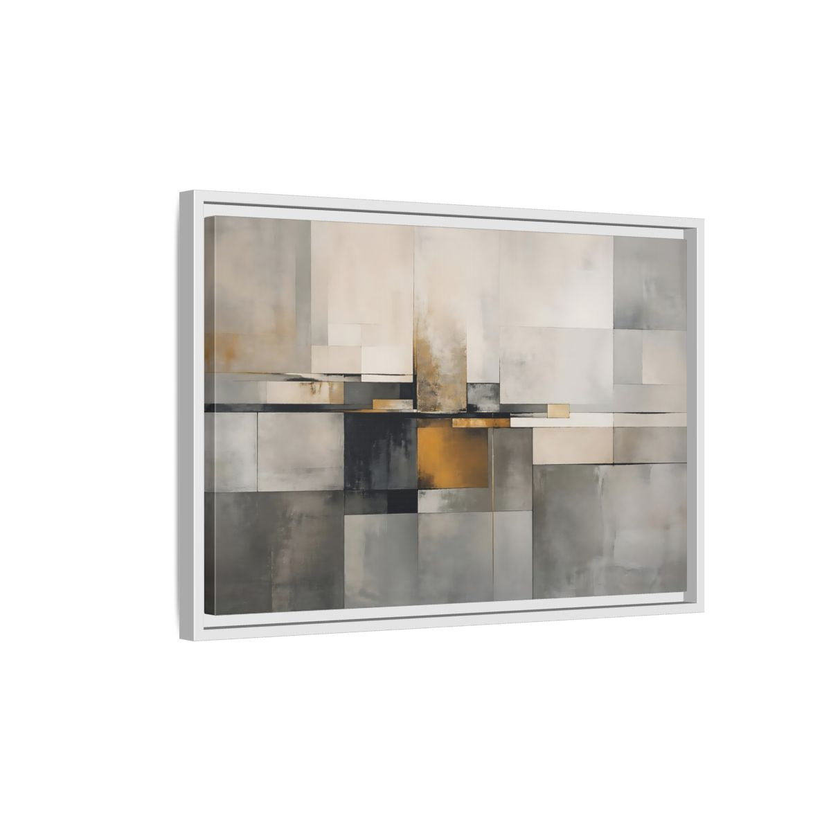 Side Mockup 1. Abstract Geometric Shapes Gray Gold Abstract shown as stretched canvas wall art