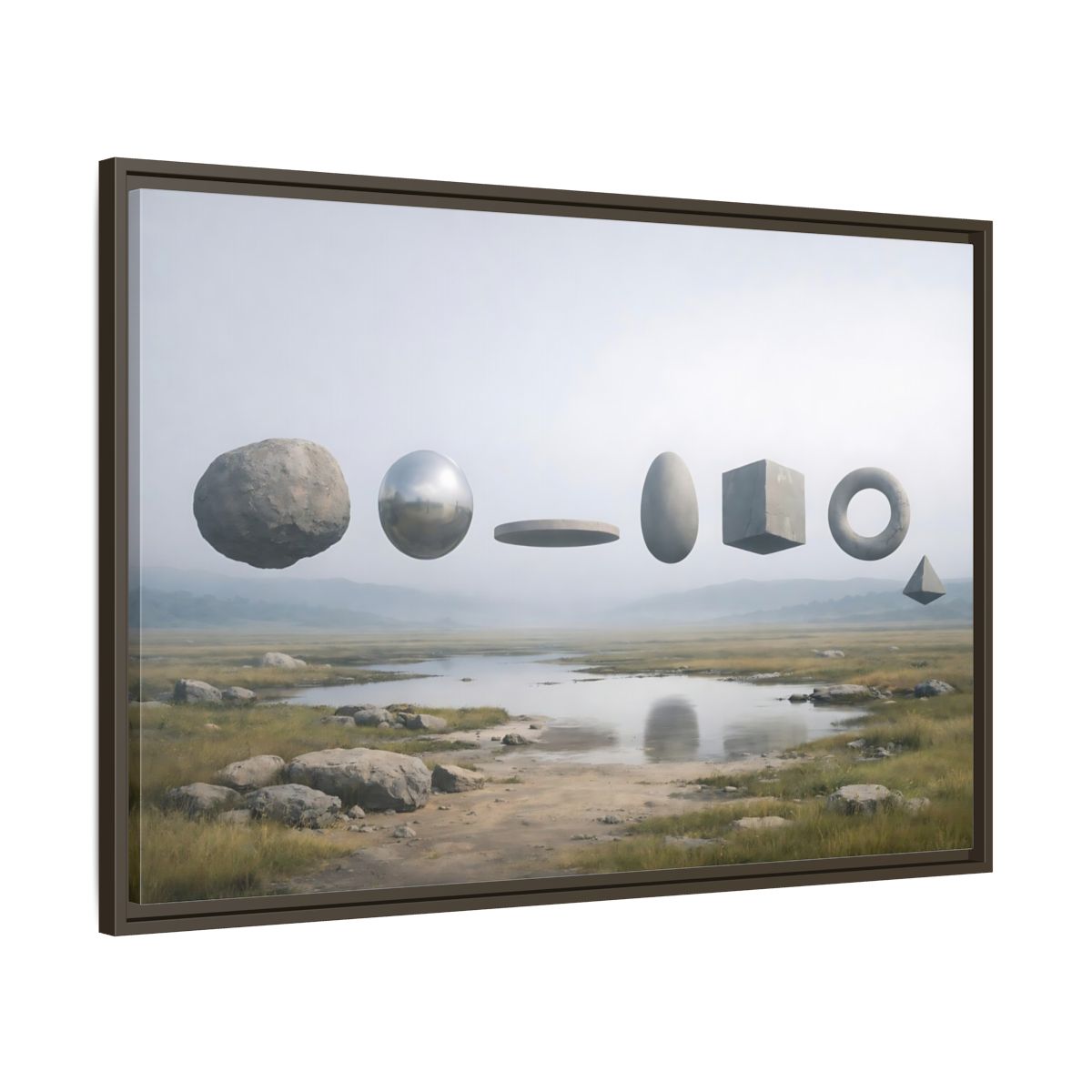 Main Mockup. Abstract Geometric Shapes Misty Landscape shown as stretched canvas wall art