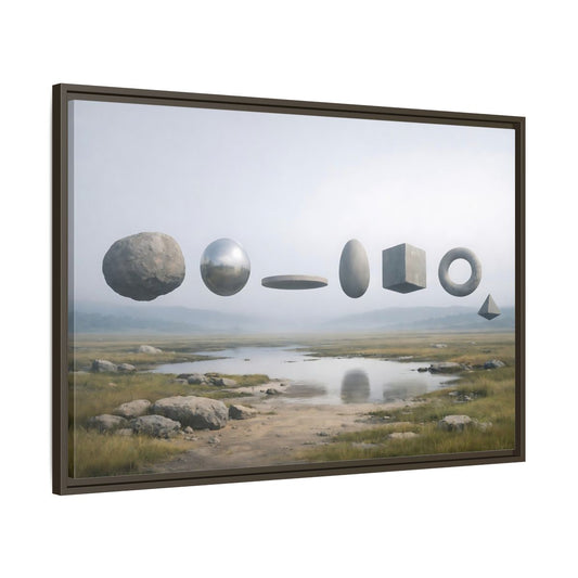 Main Mockup. Abstract Geometric Shapes Misty Landscape shown as stretched canvas wall art