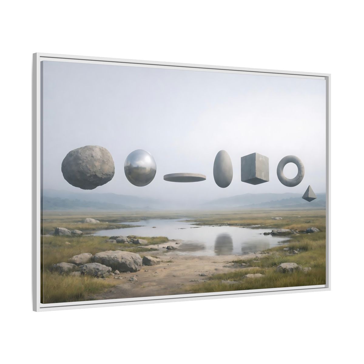 Side Mockup 7. Abstract Geometric Shapes Misty Landscape shown as stretched canvas wall art