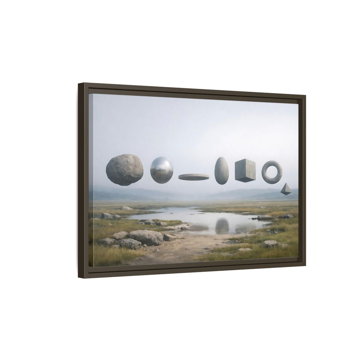 Side Mockup 2. Abstract Geometric Shapes Misty Landscape shown as stretched canvas wall art