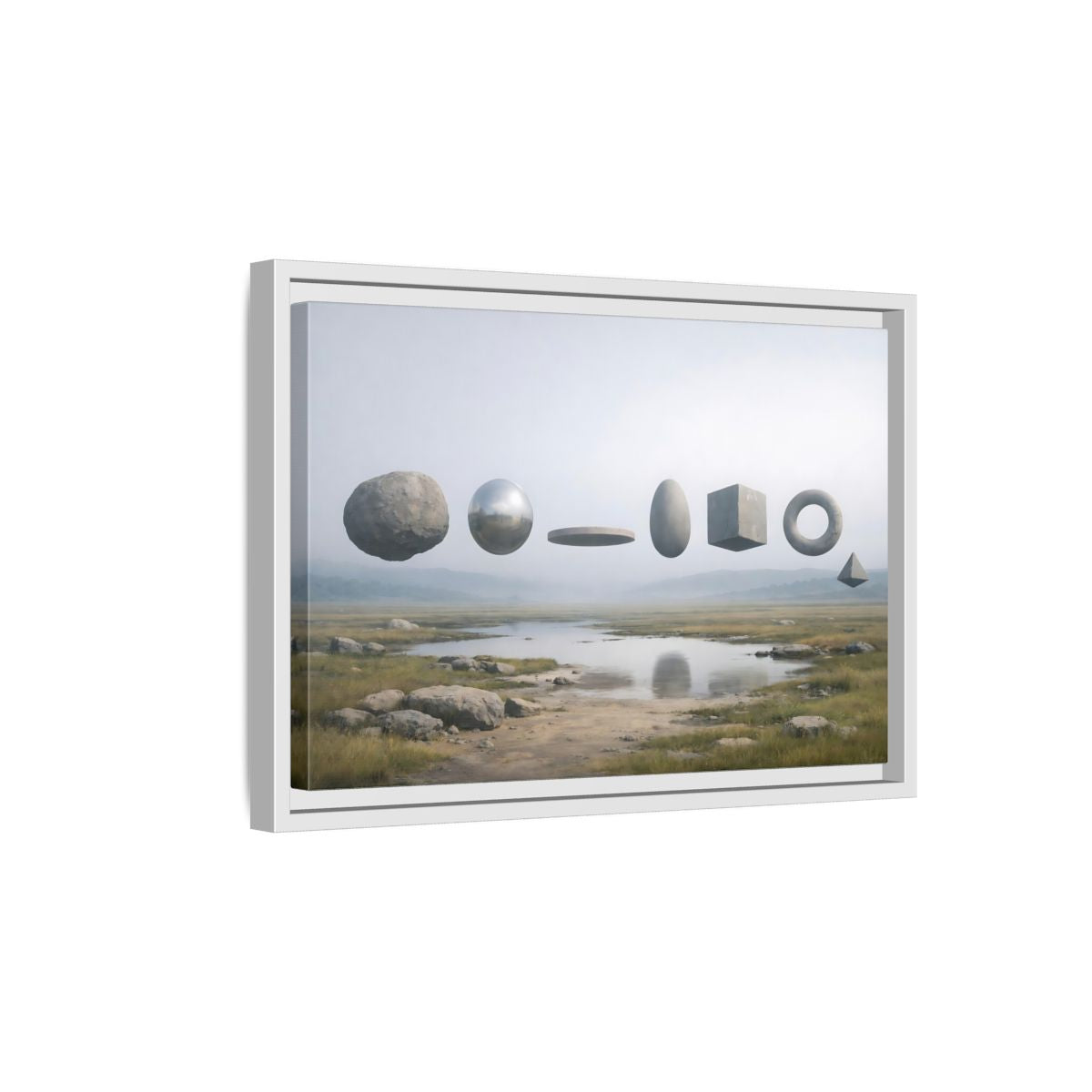 Side Mockup 4. Abstract Geometric Shapes Misty Landscape shown as stretched canvas wall art