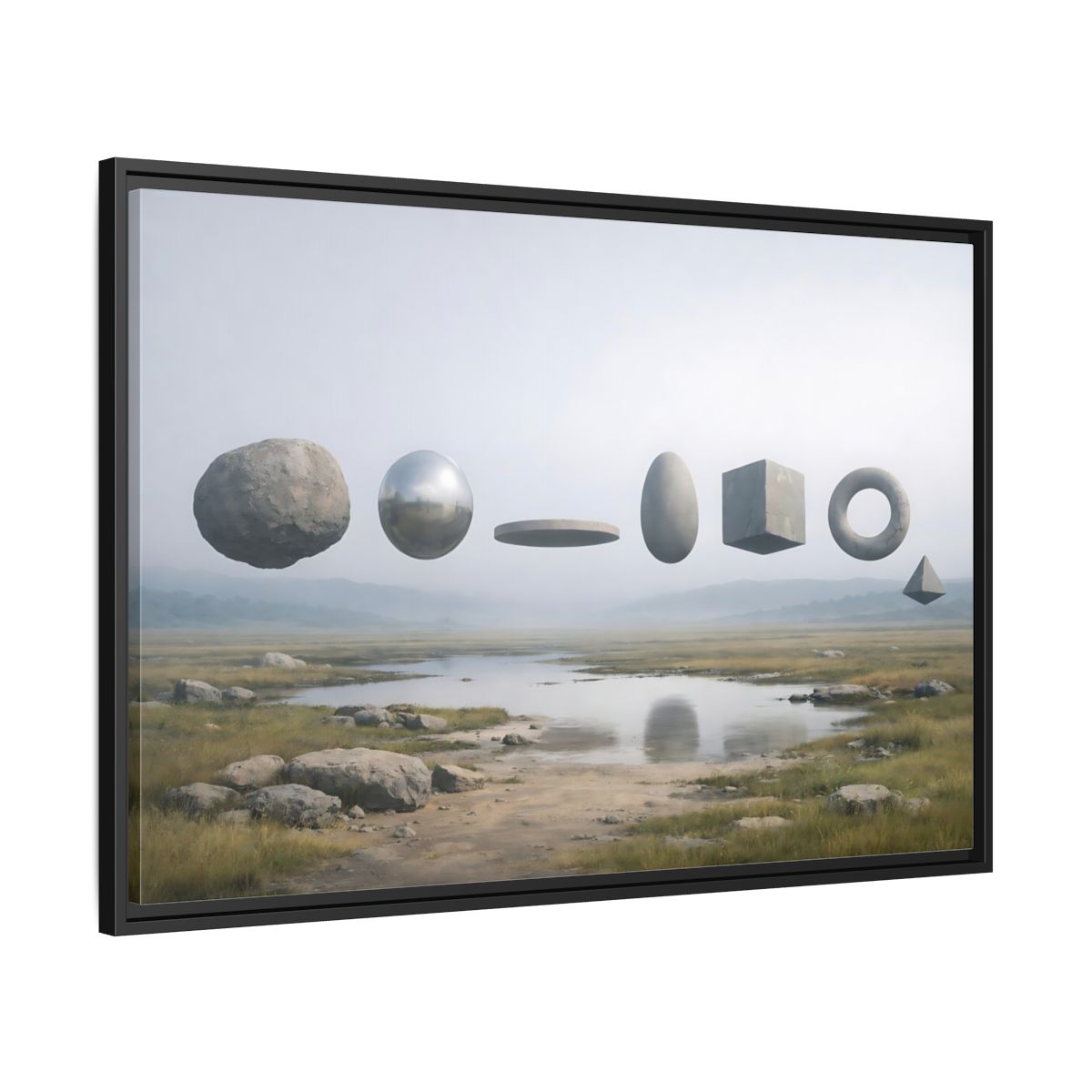 Side Mockup 13. Abstract Geometric Shapes Misty Landscape shown as stretched canvas wall art