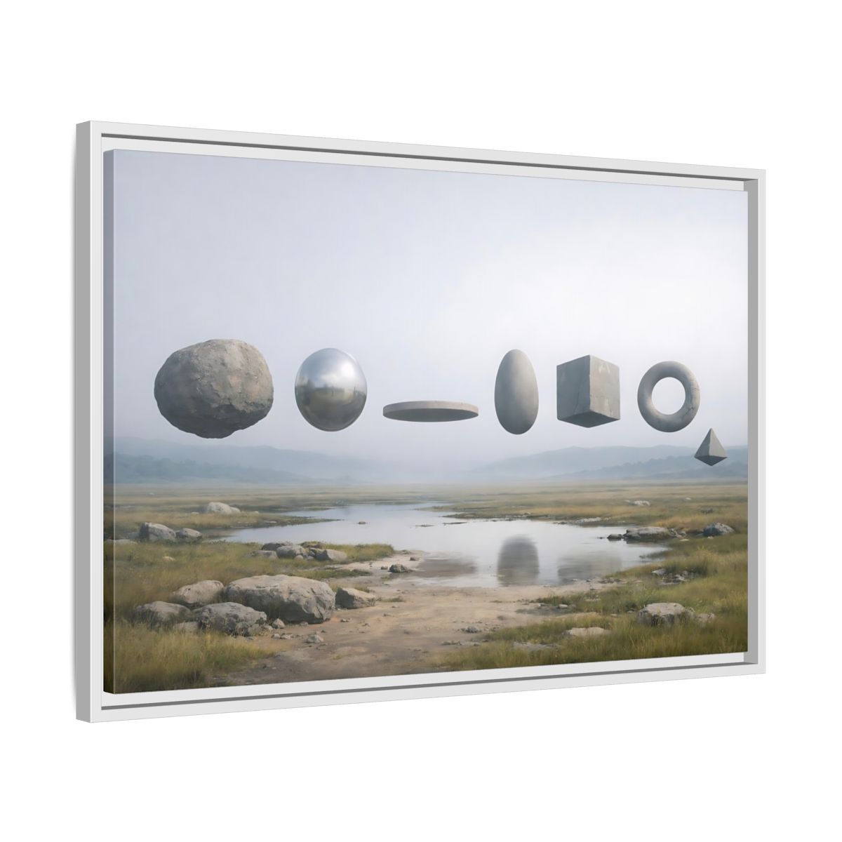 Side Mockup 10. Abstract Geometric Shapes Misty Landscape shown as stretched canvas wall art