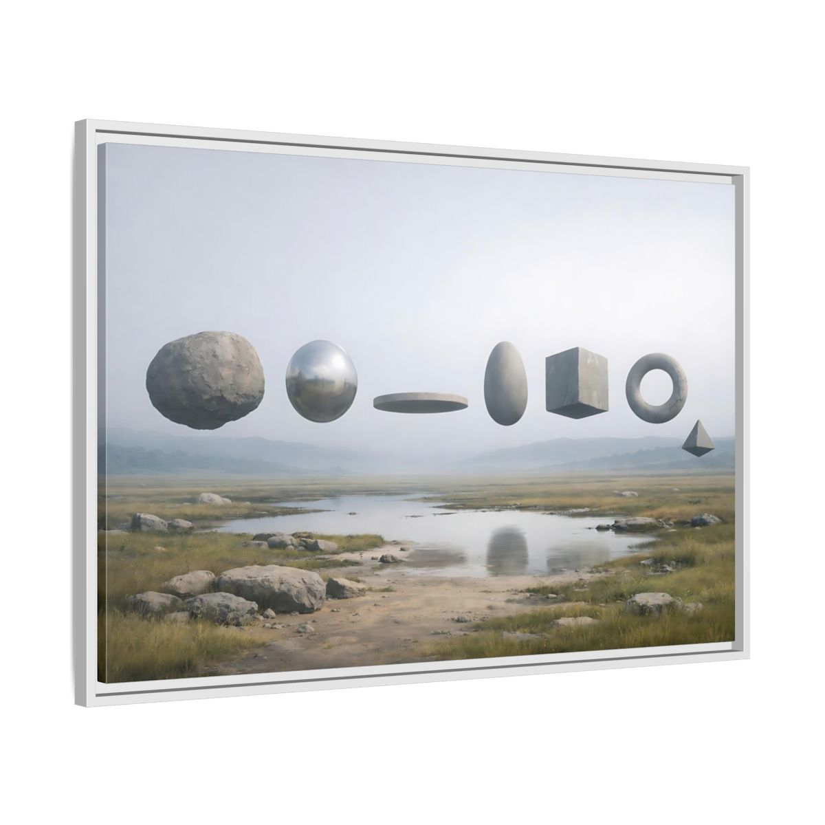 Side Mockup 9. Abstract Geometric Shapes Misty Landscape shown as stretched canvas wall art