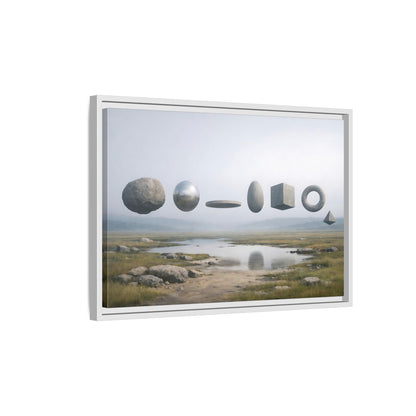 Side Mockup 1. Abstract Geometric Shapes Misty Landscape shown as stretched canvas wall art