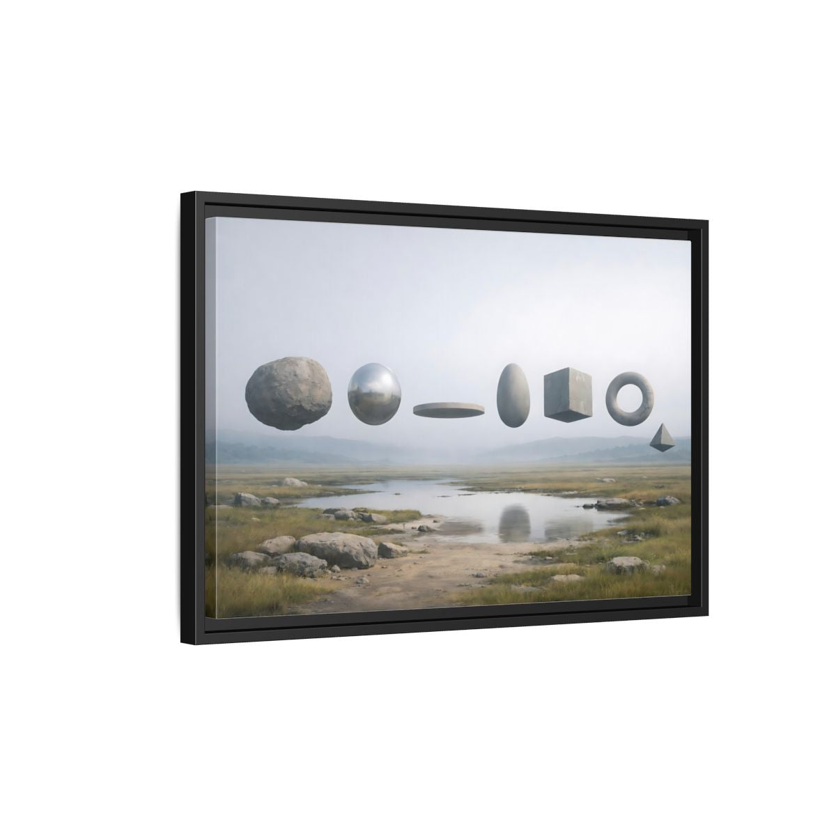Side Mockup 3. Abstract Geometric Shapes Misty Landscape shown as stretched canvas wall art