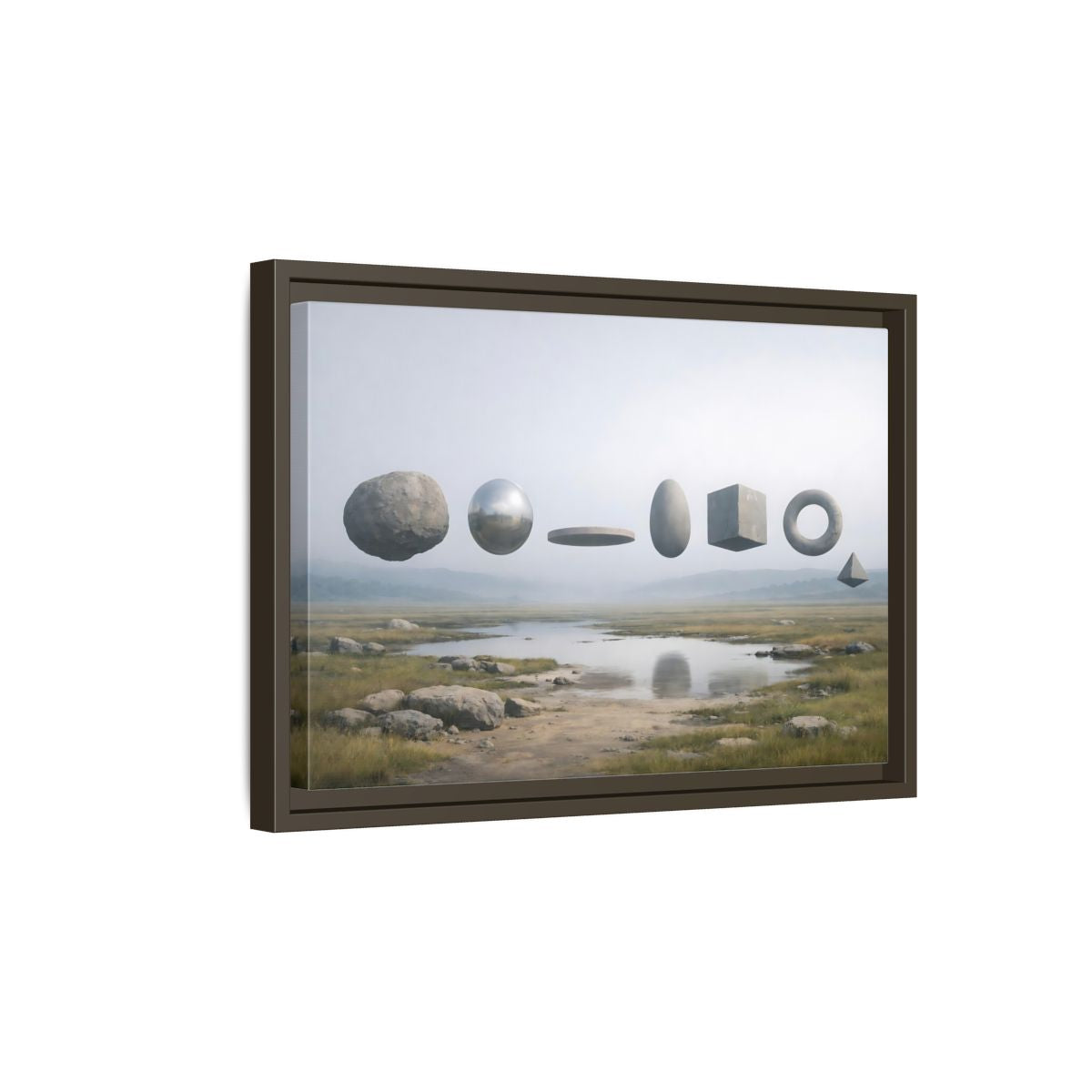 Side Mockup 5. Abstract Geometric Shapes Misty Landscape shown as stretched canvas wall art