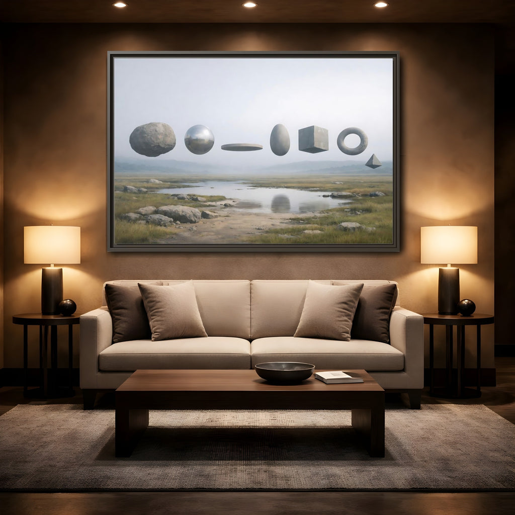Mockup 2. Abstract Geometric Shapes Misty Landscape shown as stretched canvas wall art