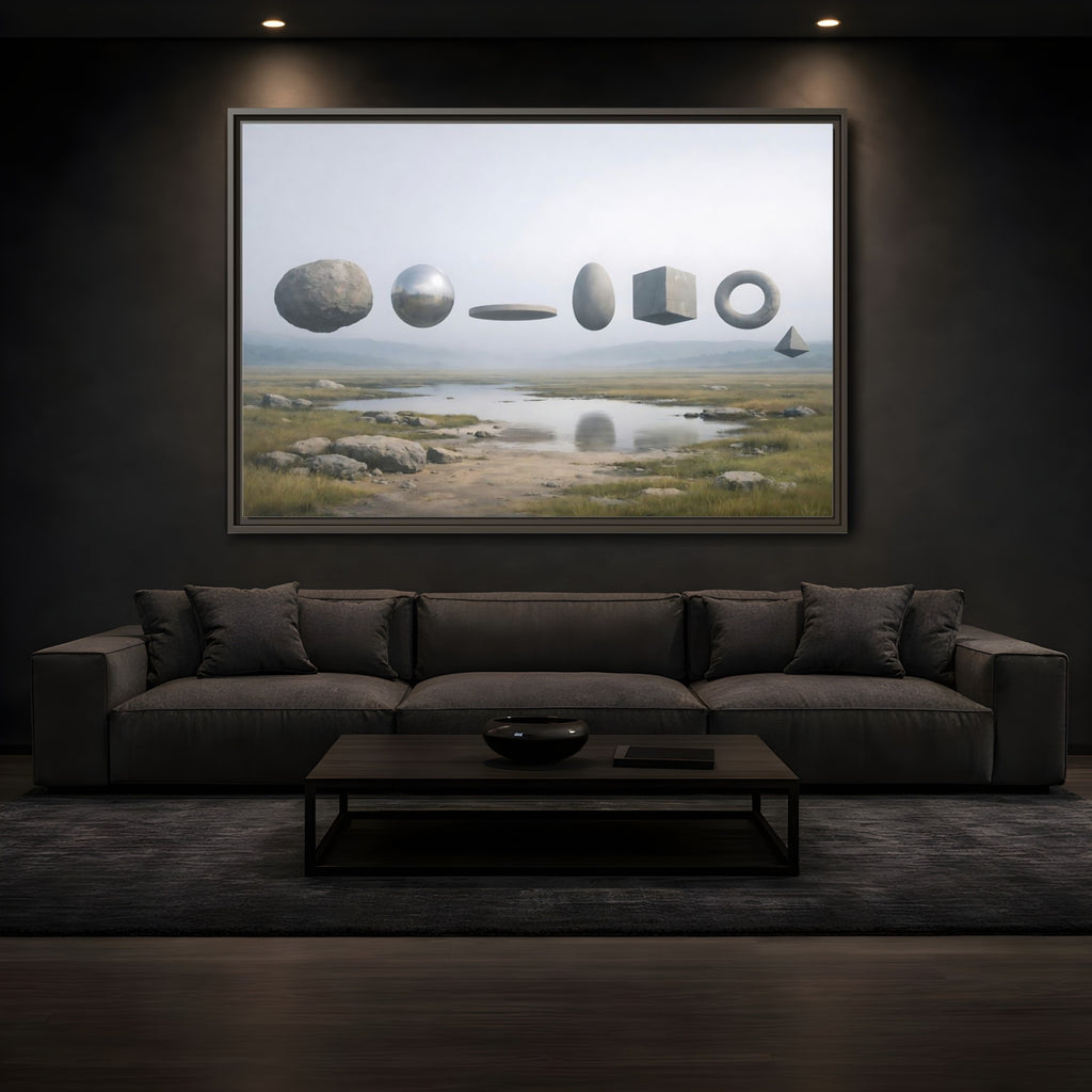 Mockup 3. Abstract Geometric Shapes Misty Landscape shown as stretched canvas wall art