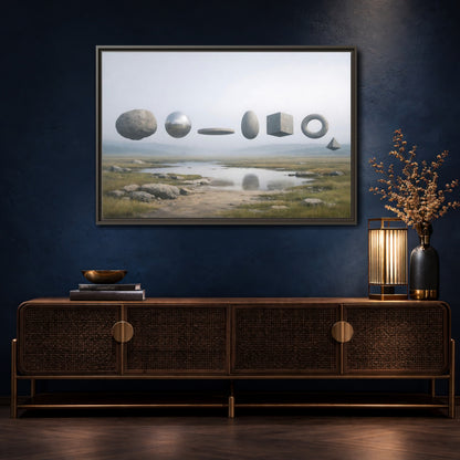 Mockup 4. Abstract Geometric Shapes Misty Landscape shown as stretched canvas wall art