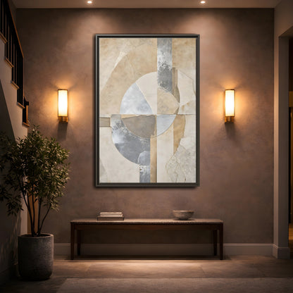 Neutral geometric abstract floating-frame canvas wall art shown in room setting