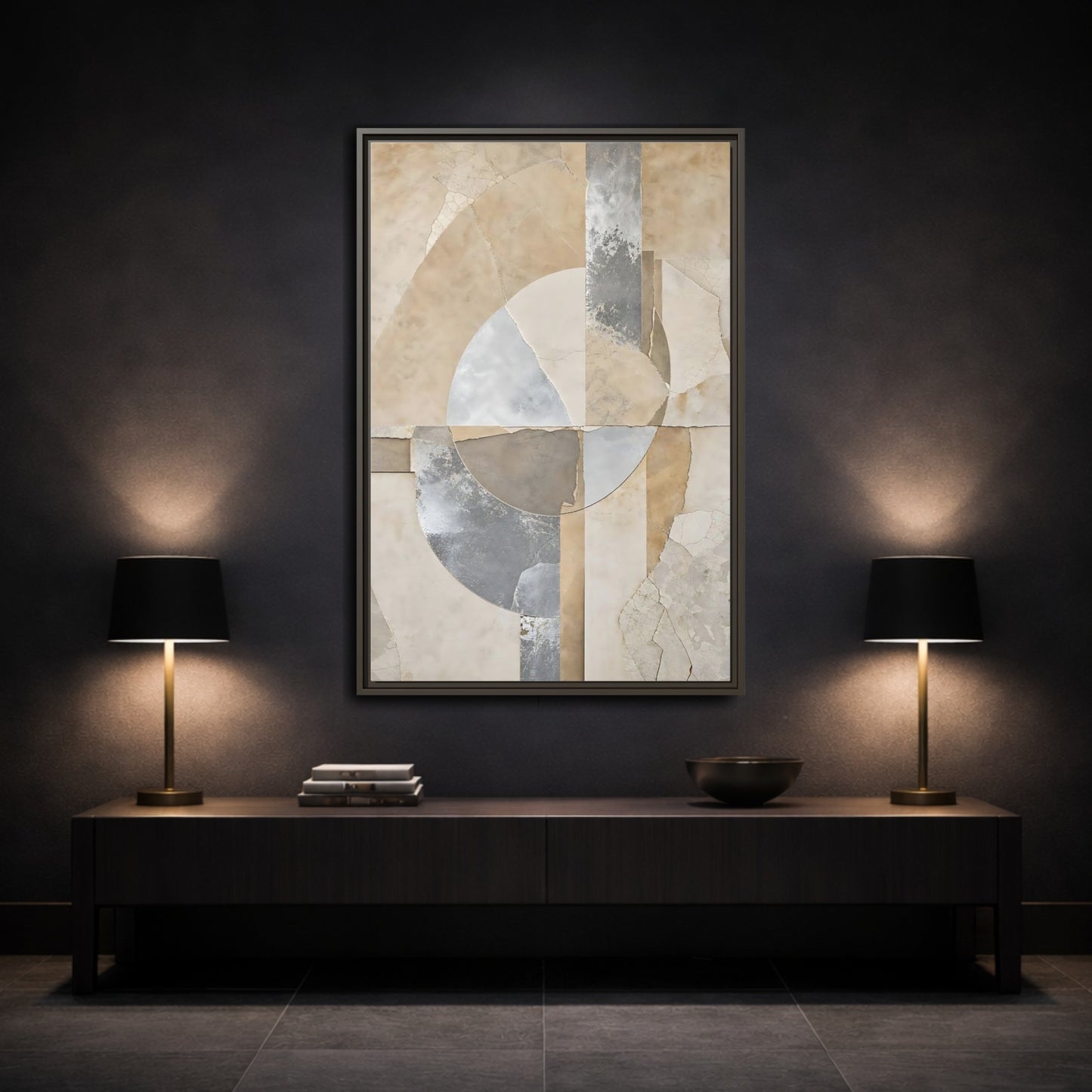 Neutral geometric abstract framed canvas print for modern living room decor