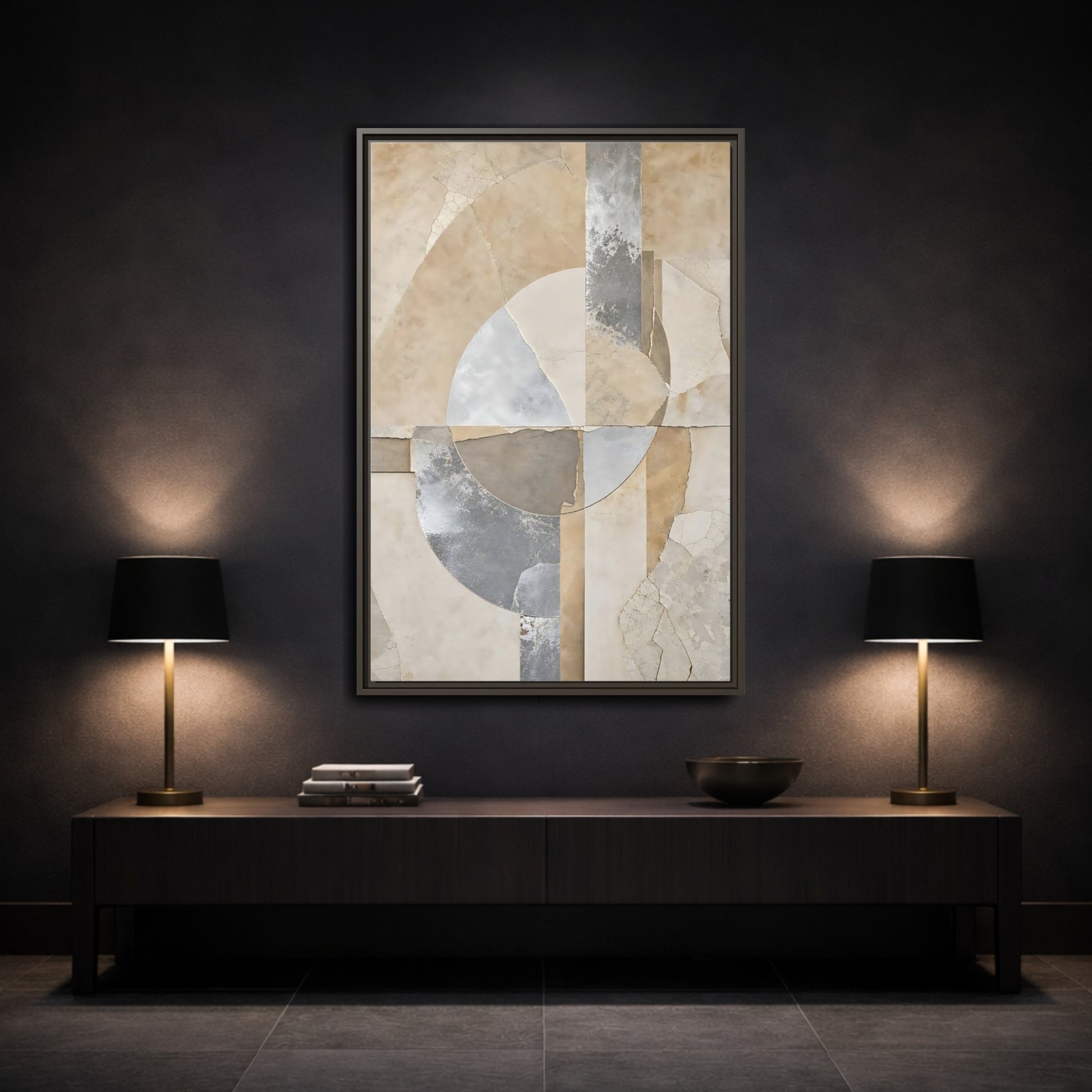 Neutral geometric abstract framed canvas print for modern living room decor