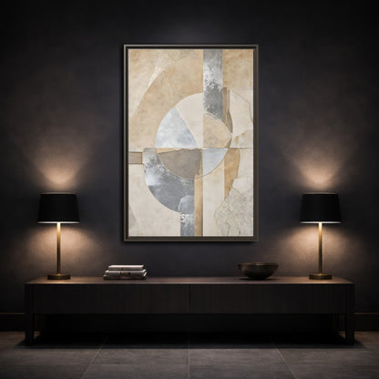 Neutral geometric abstract framed canvas print for modern living room decor