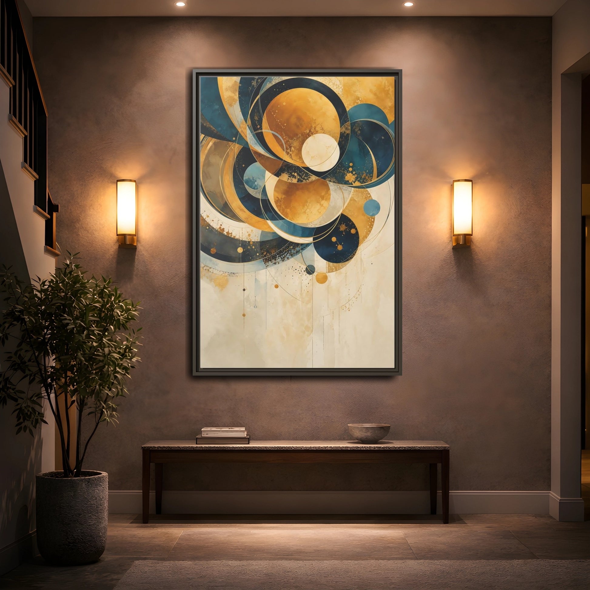 Mockup 2. Abstract Geometric Shapes Teal Gold Abstract shown as stretched canvas wall art
