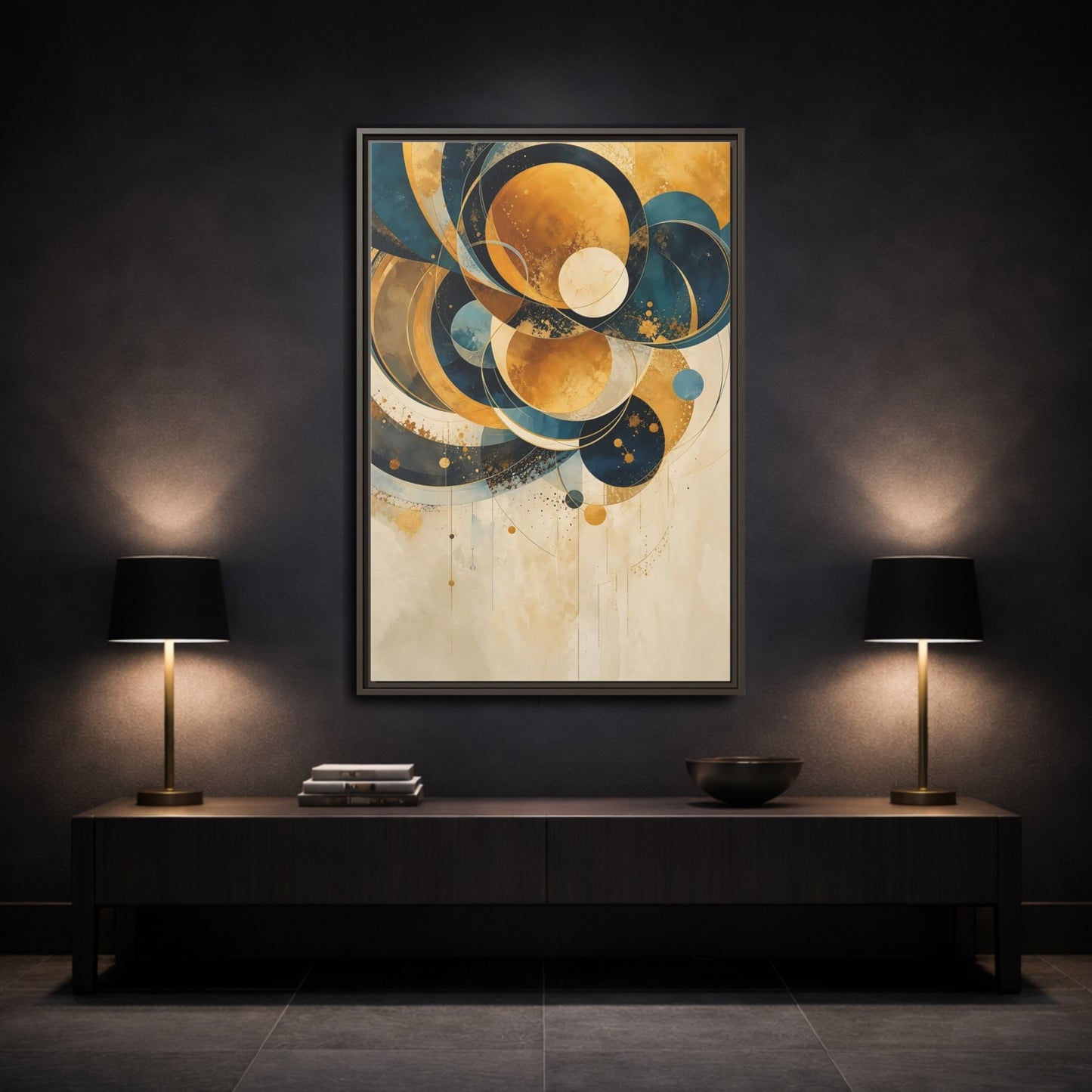 Mockup 3. Abstract Geometric Shapes Teal Gold Abstract shown as stretched canvas wall art