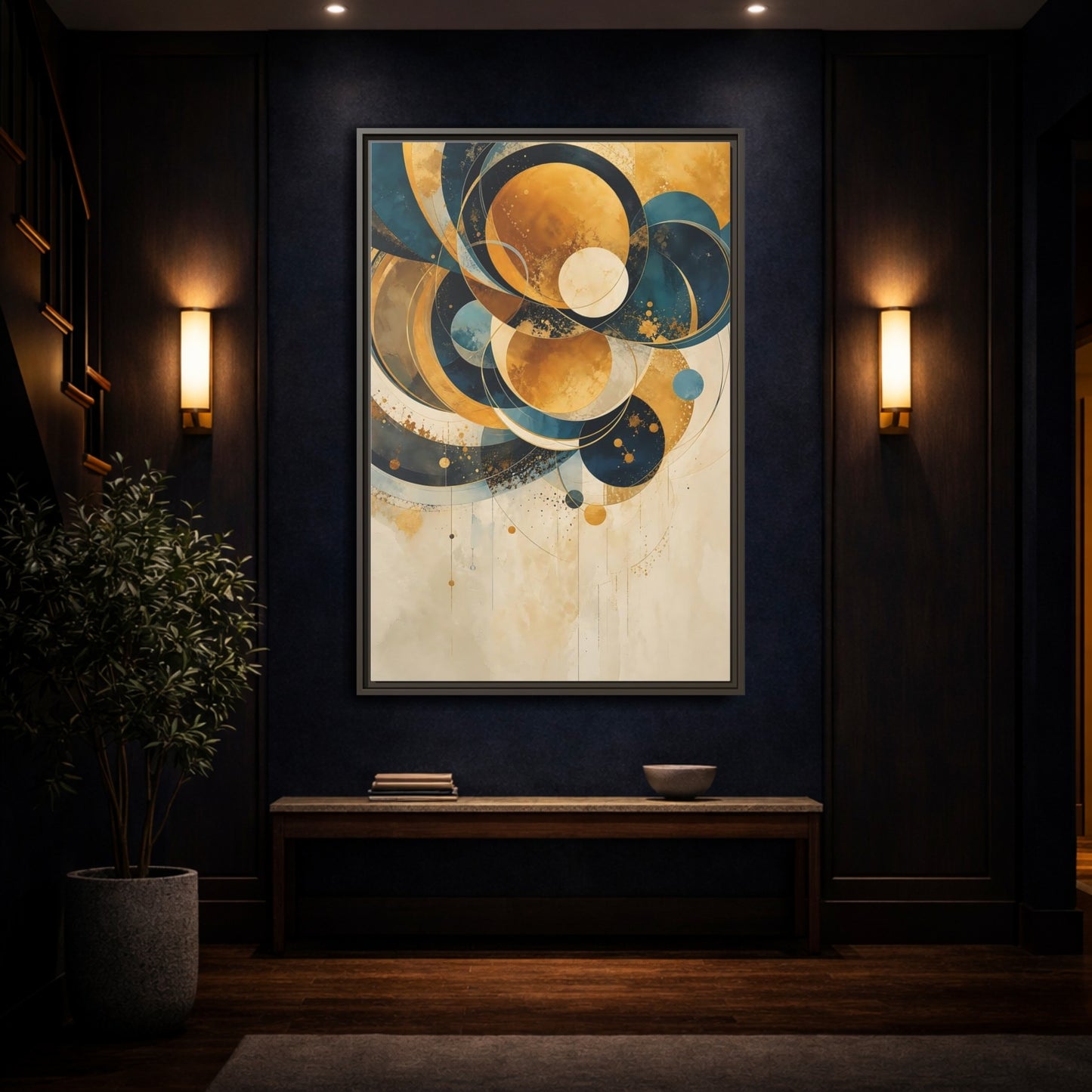 Mockup 4. Abstract Geometric Shapes Teal Gold Abstract shown as stretched canvas wall art