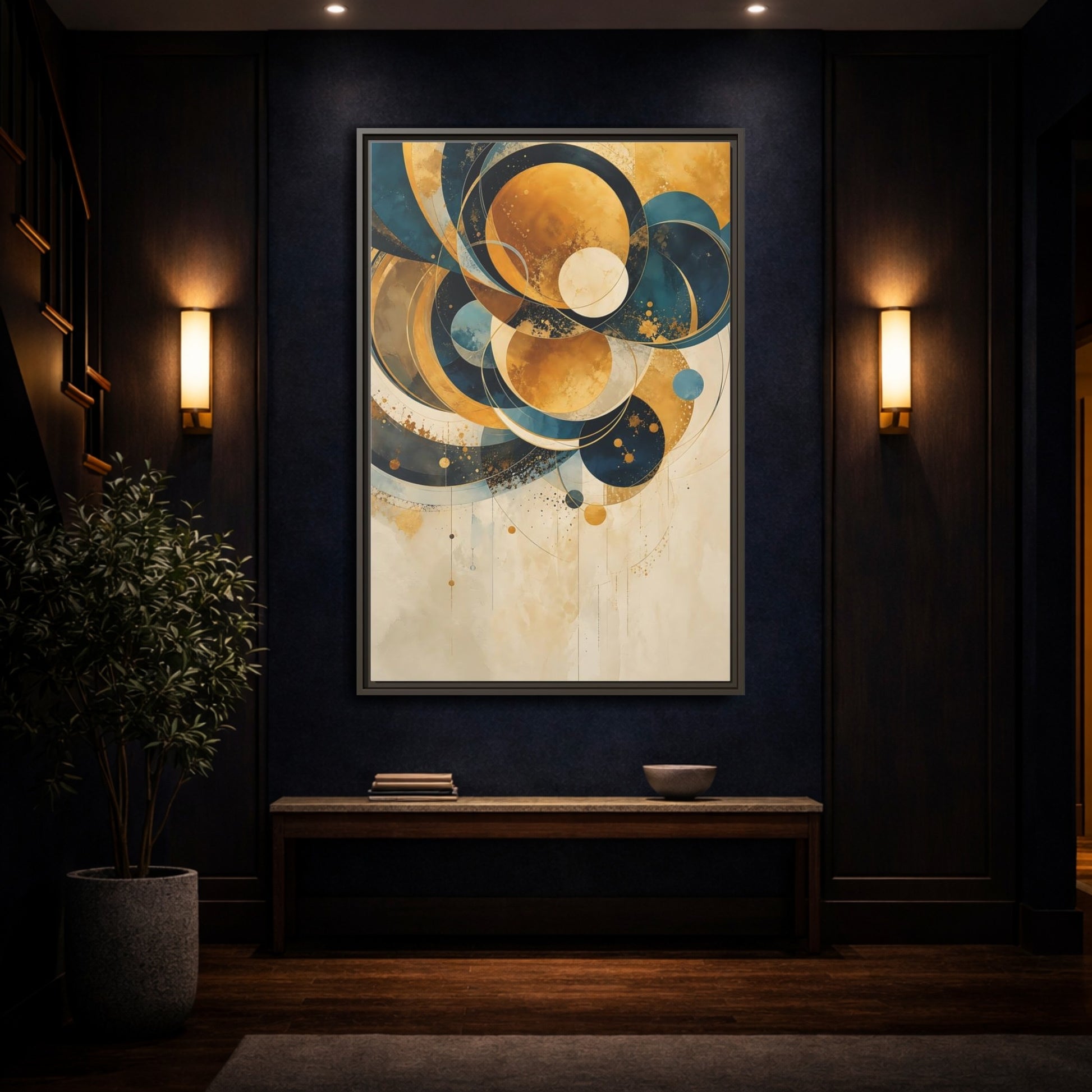 Mockup 4. Abstract Geometric Shapes Teal Gold Abstract shown as stretched canvas wall art