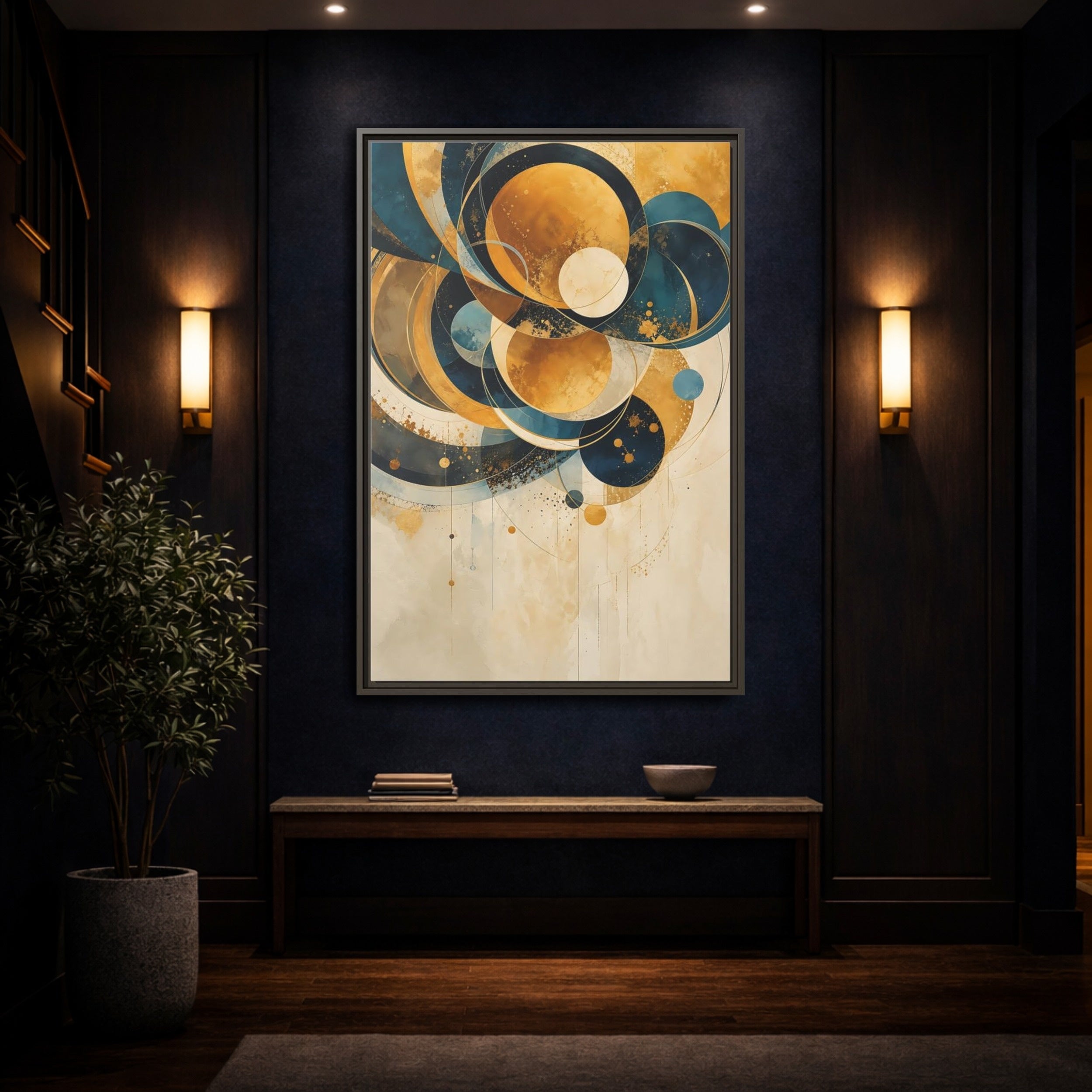 Mockup 4. Abstract Geometric Shapes Teal Gold Abstract shown as stretched canvas wall art