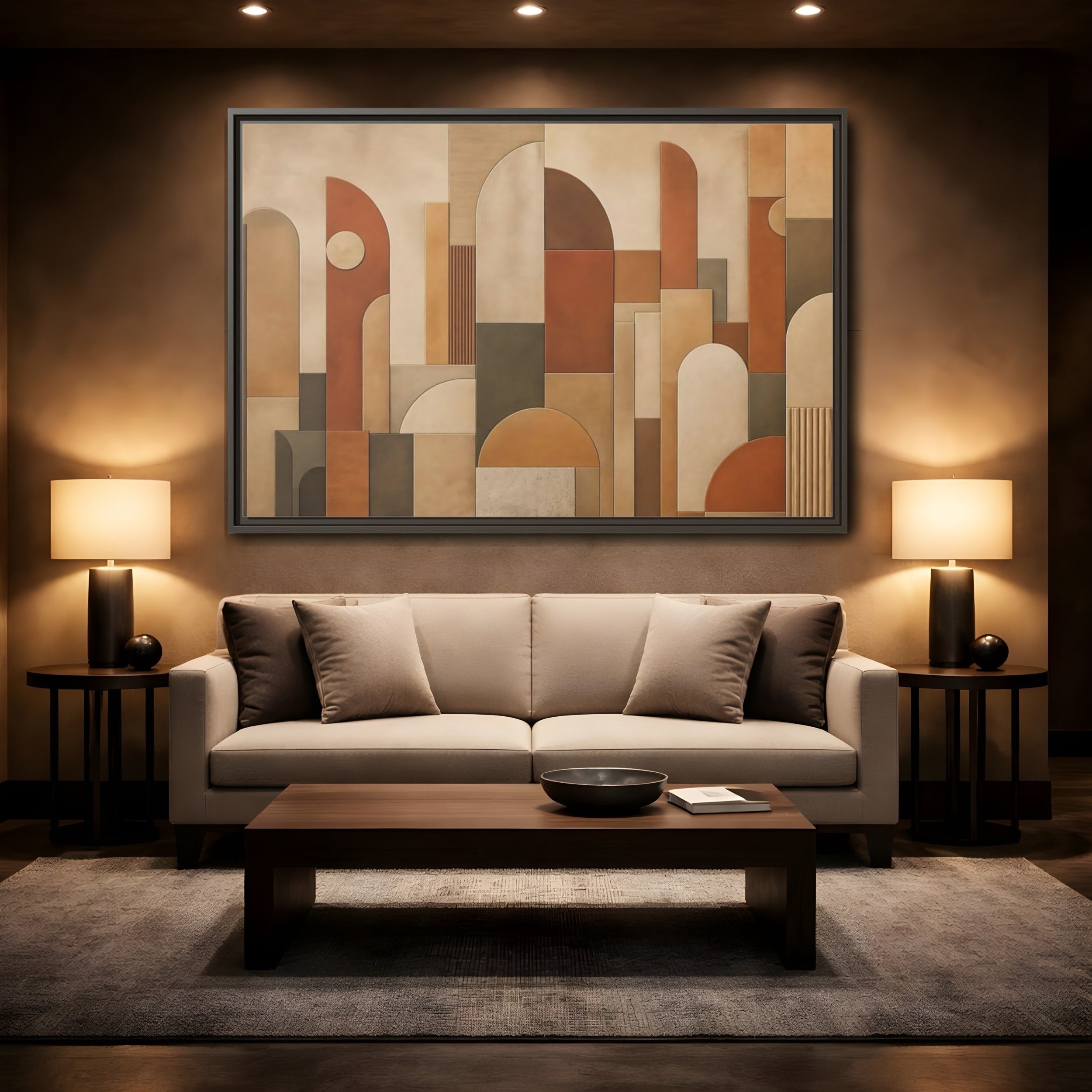 Mockup 2. Abstract Geometric Shapes Terracotta Geometric shown as stretched canvas wall art