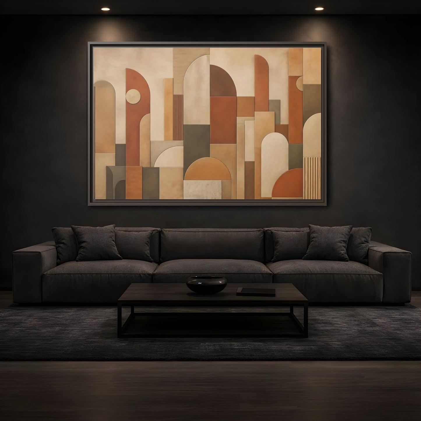 Mockup 3. Abstract Geometric Shapes Terracotta Geometric shown as stretched canvas wall art