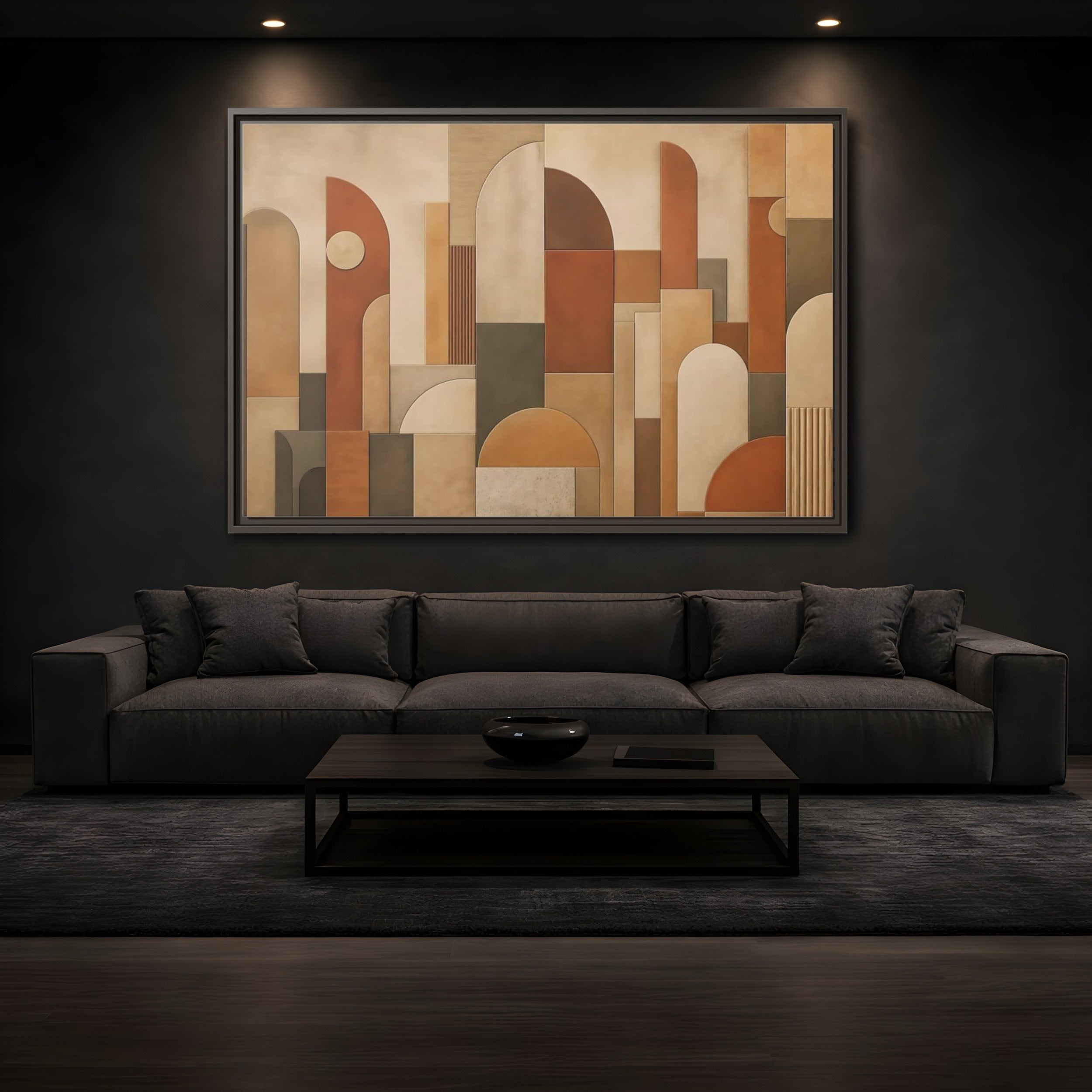 Mockup 3. Abstract Geometric Shapes Terracotta Geometric shown as stretched canvas wall art