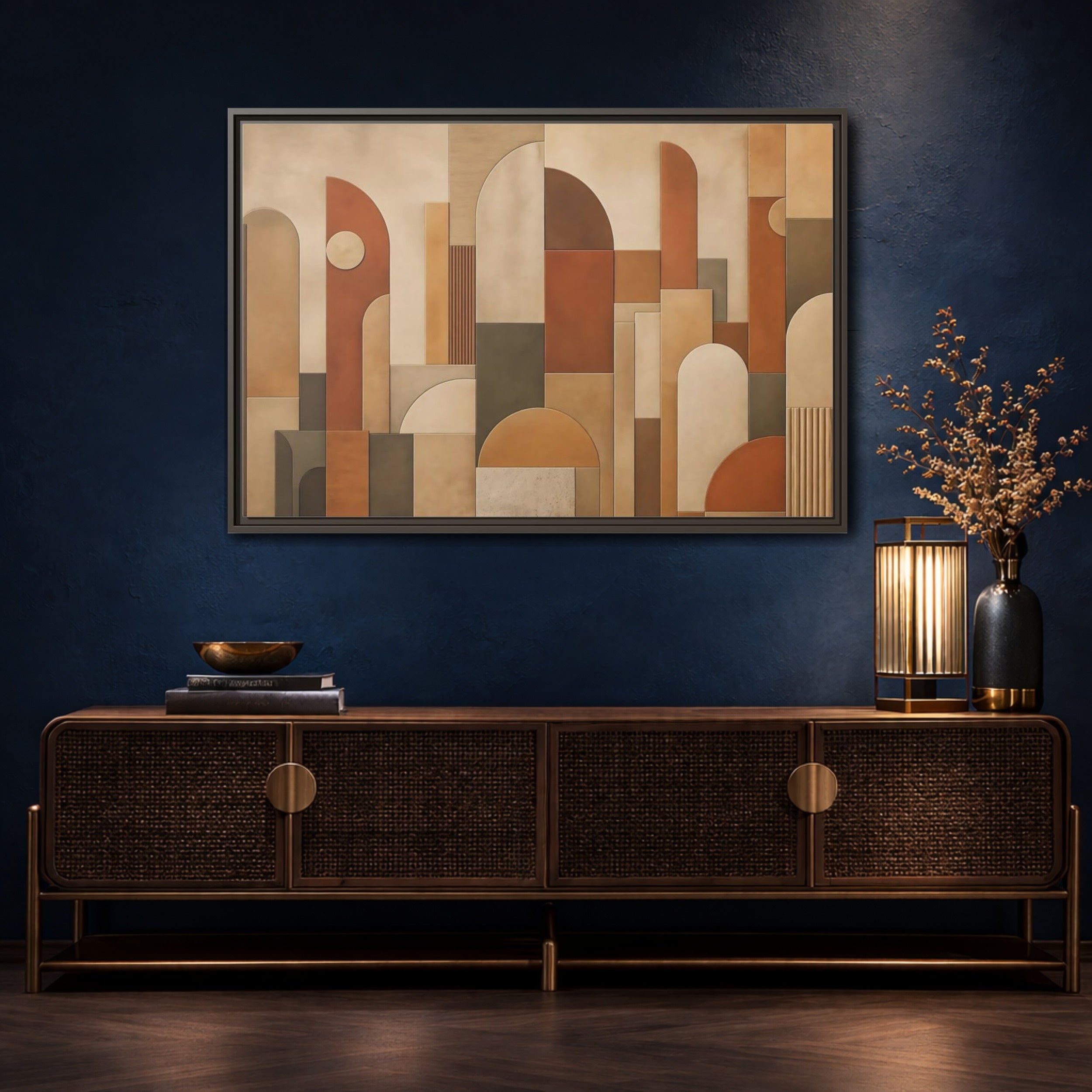 Mockup 4. Abstract Geometric Shapes Terracotta Geometric shown as stretched canvas wall art