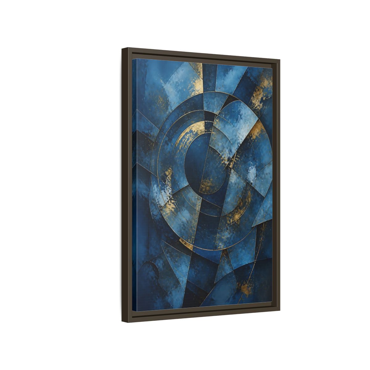 Side Mockup 2. Abstract Abstract Geometry Blue And Gold Abstract shown as stretched canvas wall art