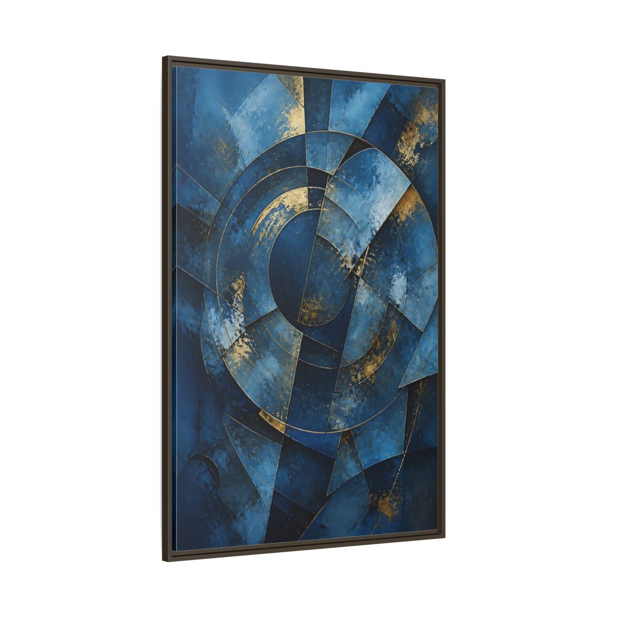 Side Mockup 8. Abstract Abstract Geometry Blue And Gold Abstract shown as stretched canvas wall art