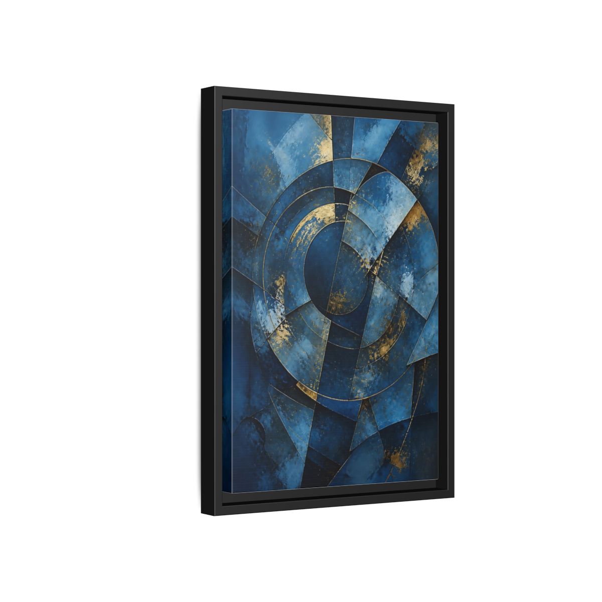Side Mockup 6. Abstract Abstract Geometry Blue And Gold Abstract shown as stretched canvas wall art