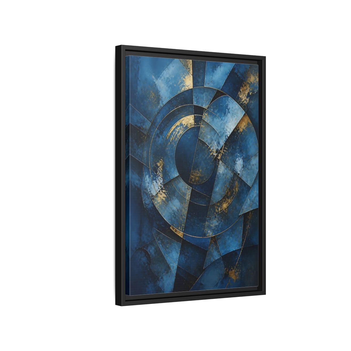 Side Mockup 3. Abstract Abstract Geometry Blue And Gold Abstract shown as stretched canvas wall art