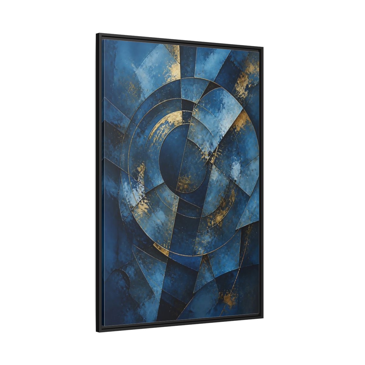 Side Mockup 12. Abstract Abstract Geometry Blue And Gold Abstract shown as stretched canvas wall art