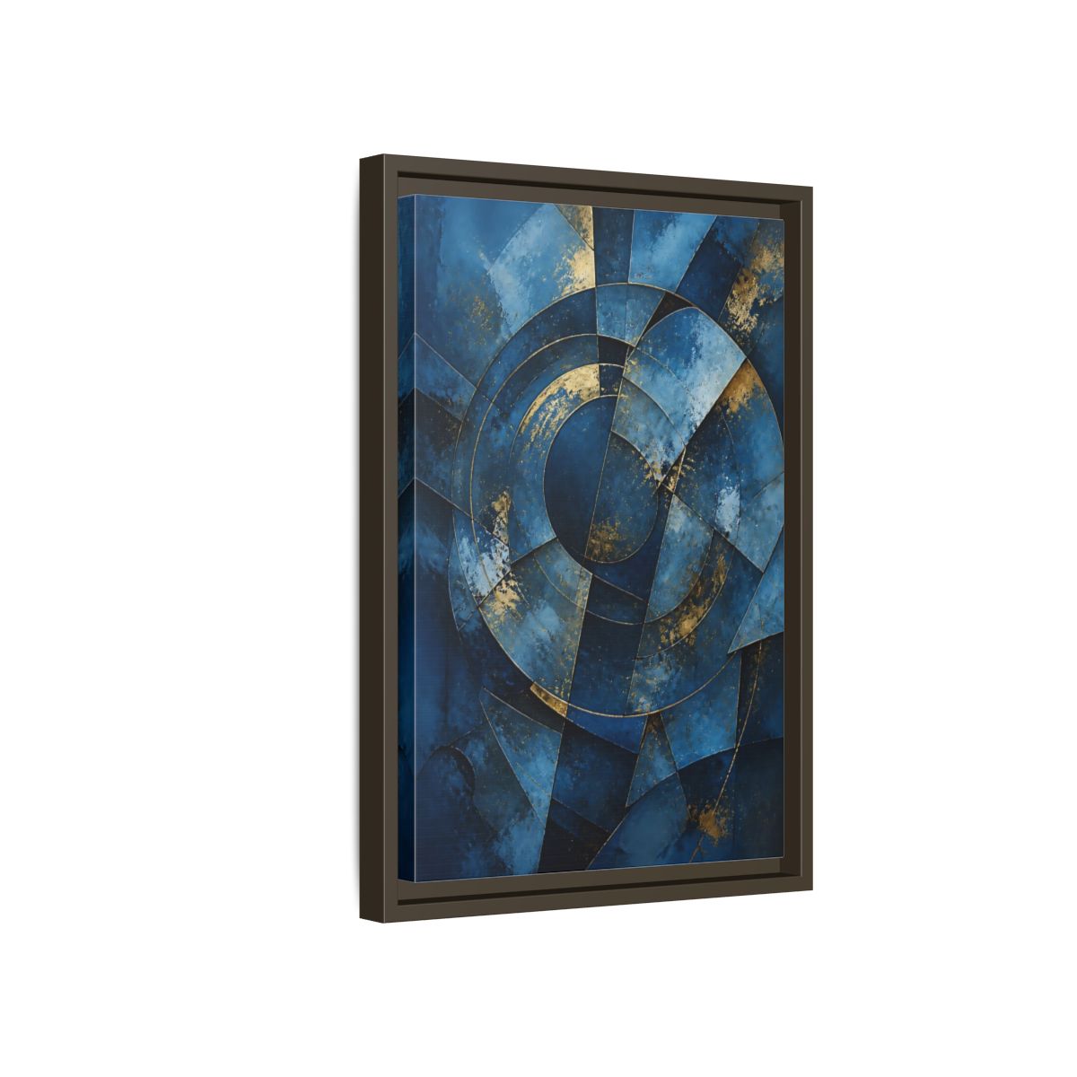 Side Mockup 5. Abstract Abstract Geometry Blue And Gold Abstract shown as stretched canvas wall art