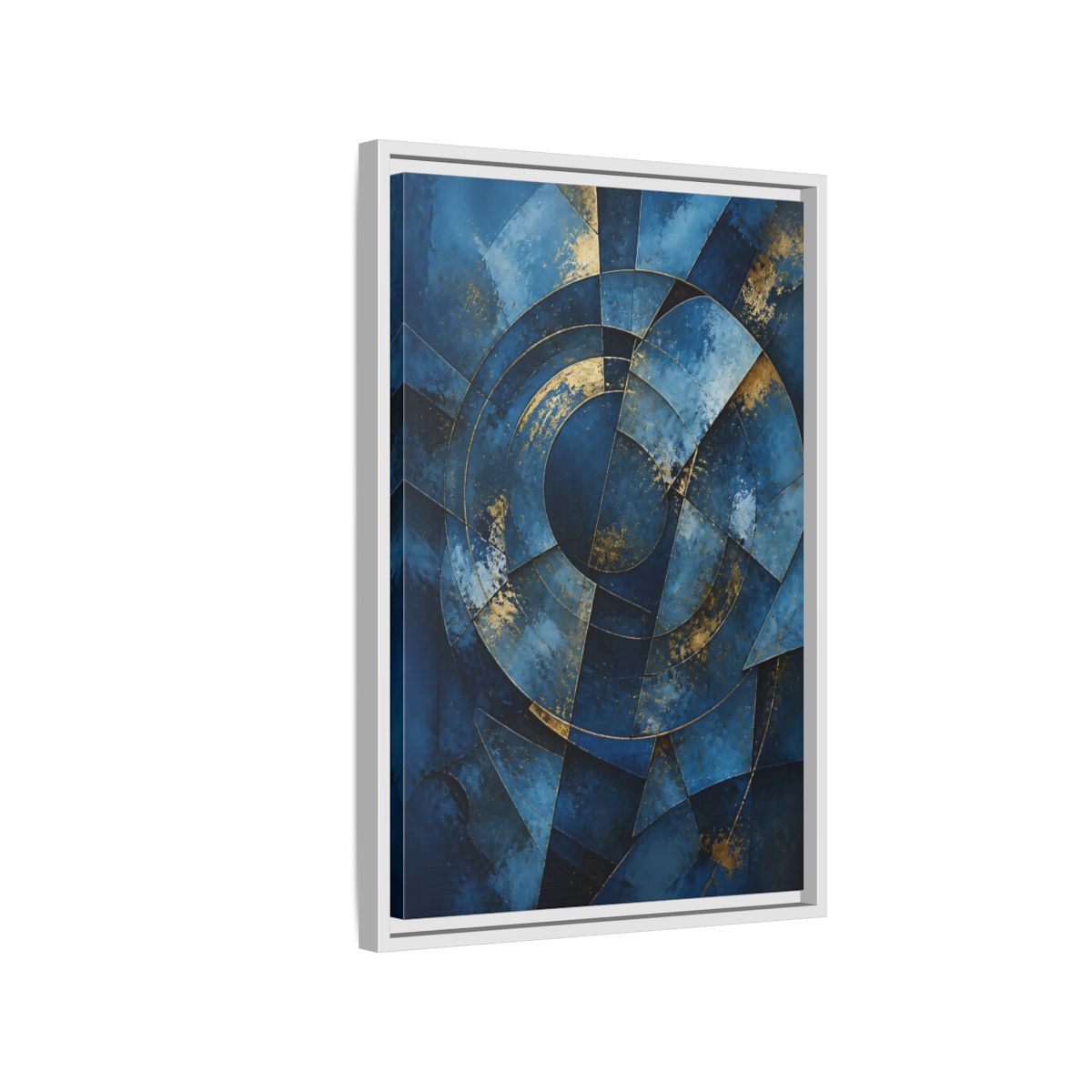 Side Mockup 1. Abstract Abstract Geometry Blue And Gold Abstract shown as stretched canvas wall art
