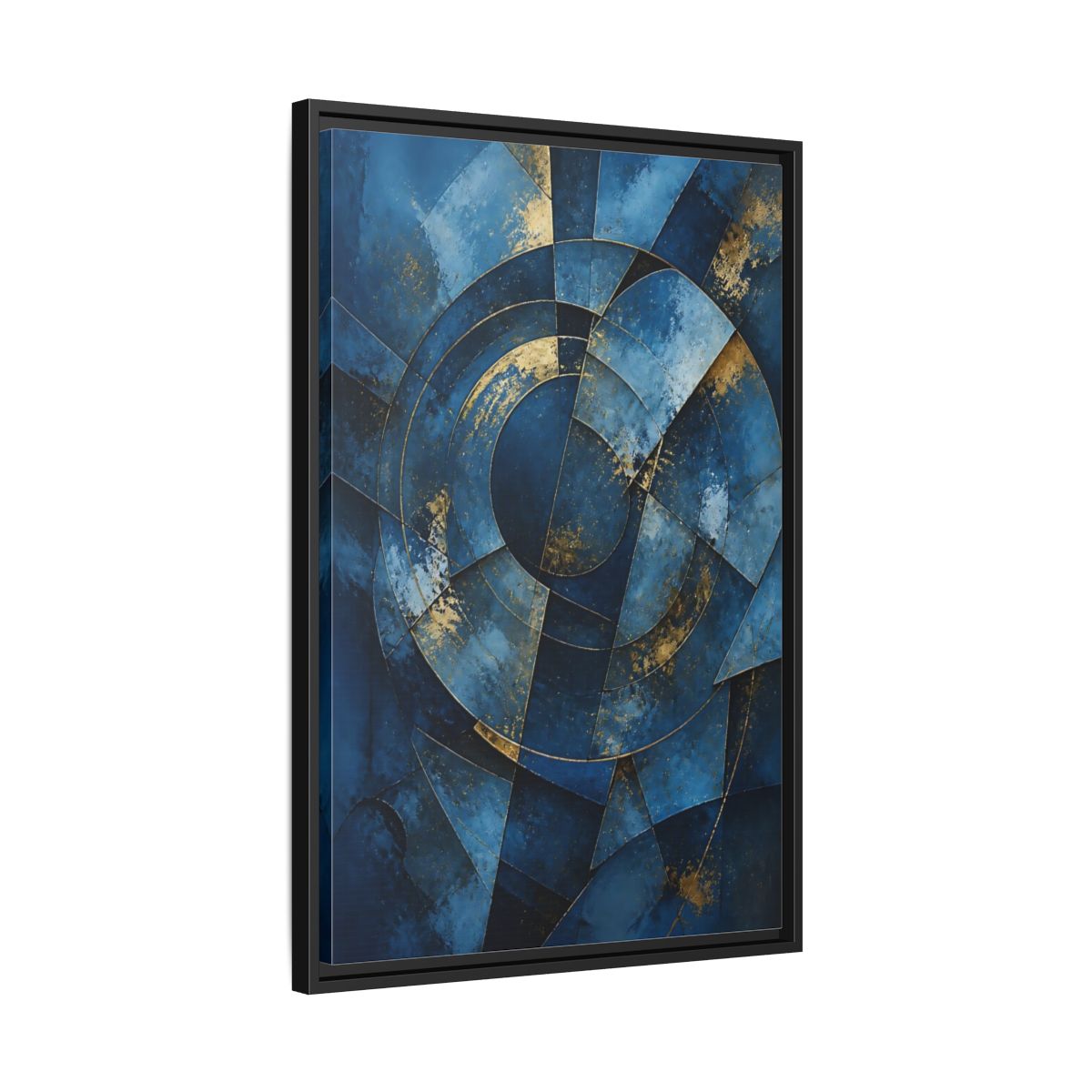 Side Mockup 14. Abstract Abstract Geometry Blue And Gold Abstract shown as stretched canvas wall art