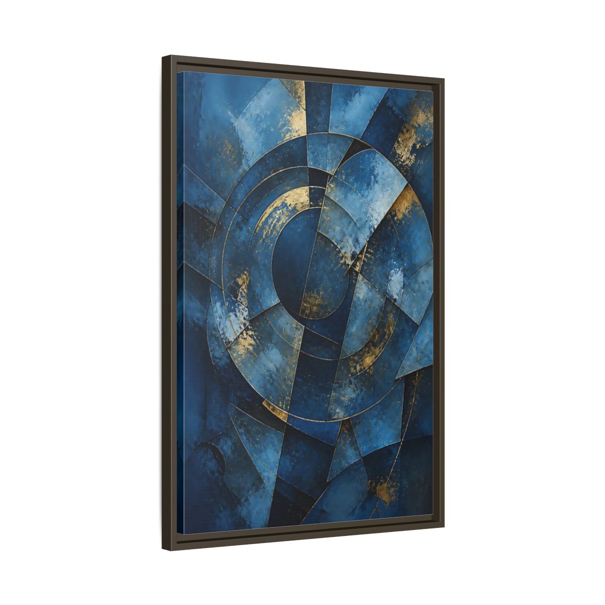 Side Mockup 11. Abstract Abstract Geometry Blue And Gold Abstract shown as stretched canvas wall art