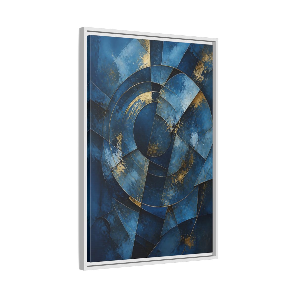 Side Mockup 10. Abstract Abstract Geometry Blue And Gold Abstract shown as stretched canvas wall art