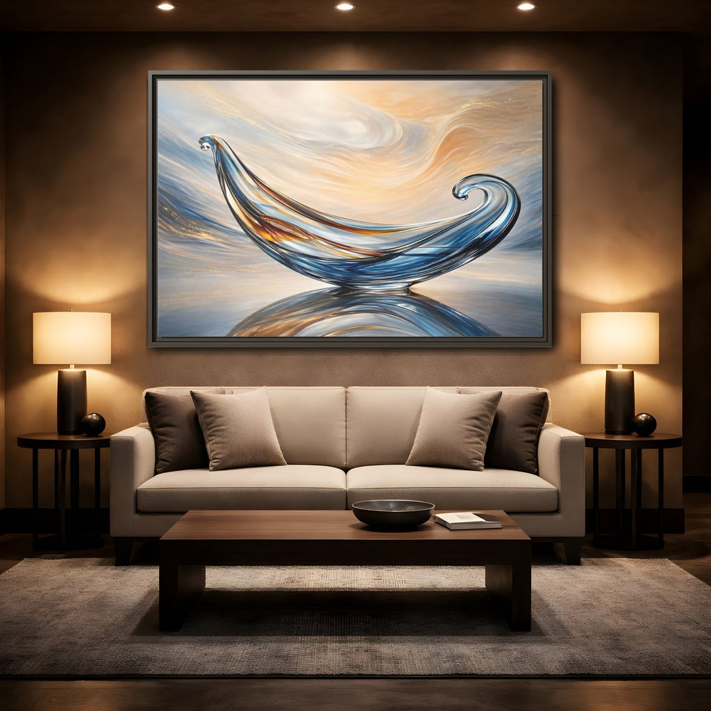 Mockup 2. Abstract Glass Sculpture Blue Gold Glass Art shown as stretched canvas wall art