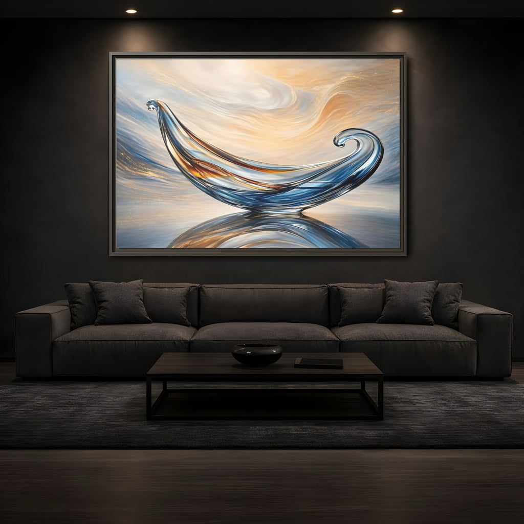 Mockup 3. Abstract Glass Sculpture Blue Gold Glass Art shown as stretched canvas wall art